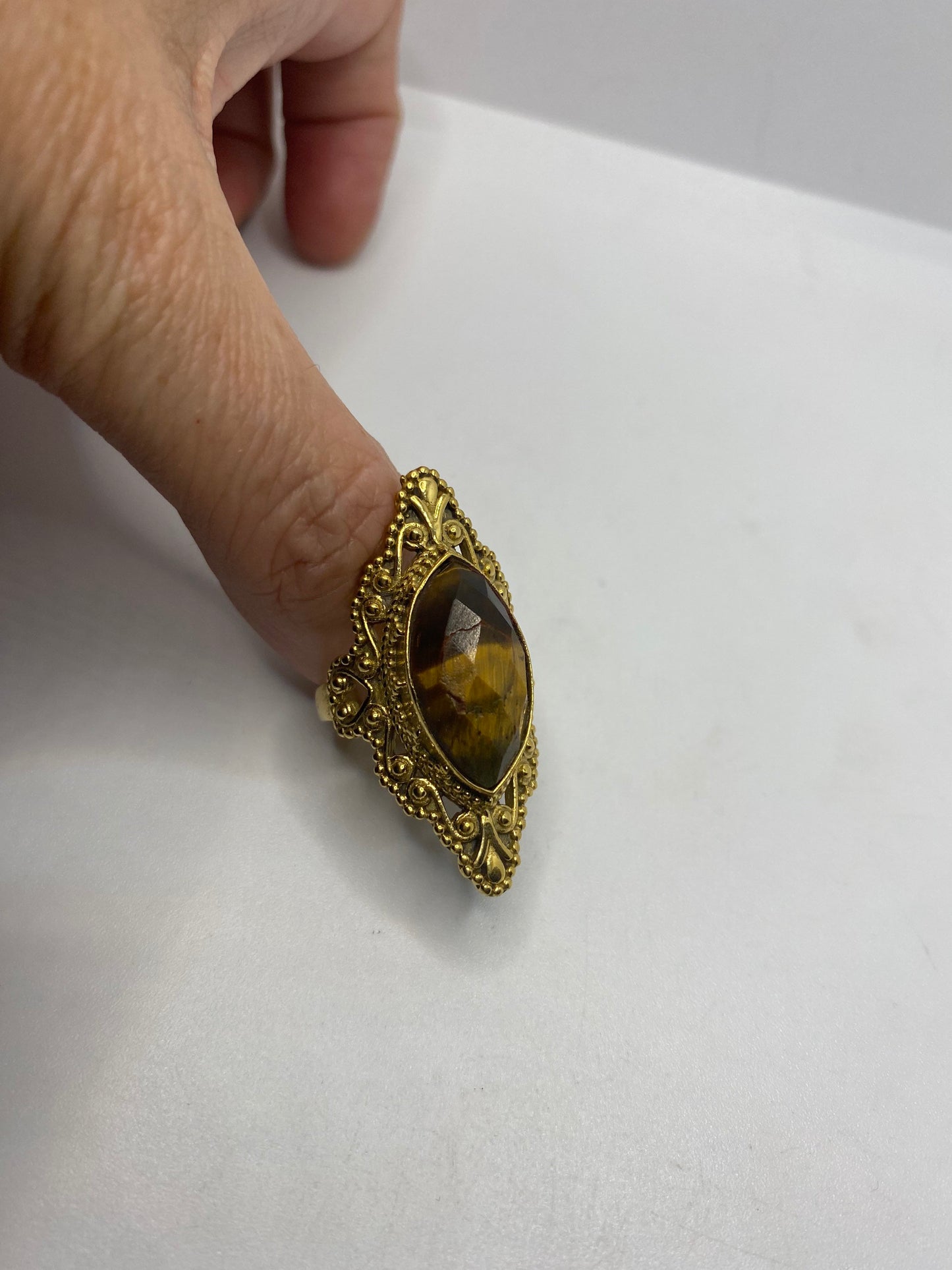 Vintage Tigers Eye Golden Brass Knuckle Ring