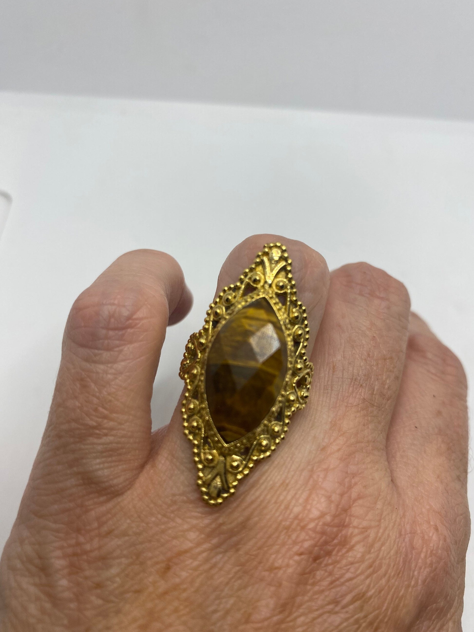 Vintage Tigers Eye Golden Brass Knuckle Ring