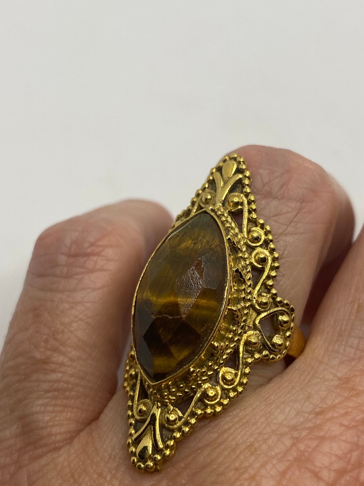 Vintage Tigers Eye Golden Brass Knuckle Ring