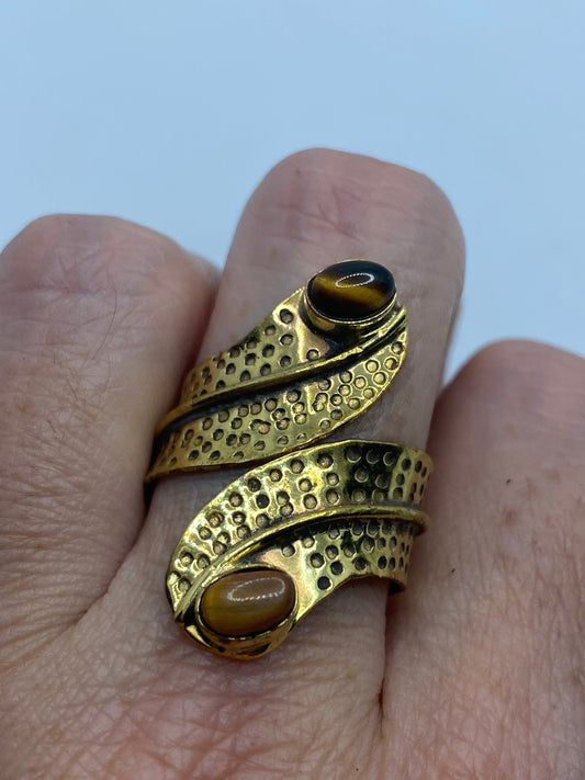 Vintage Tigers Eye Golden Brass Knuckle Ring