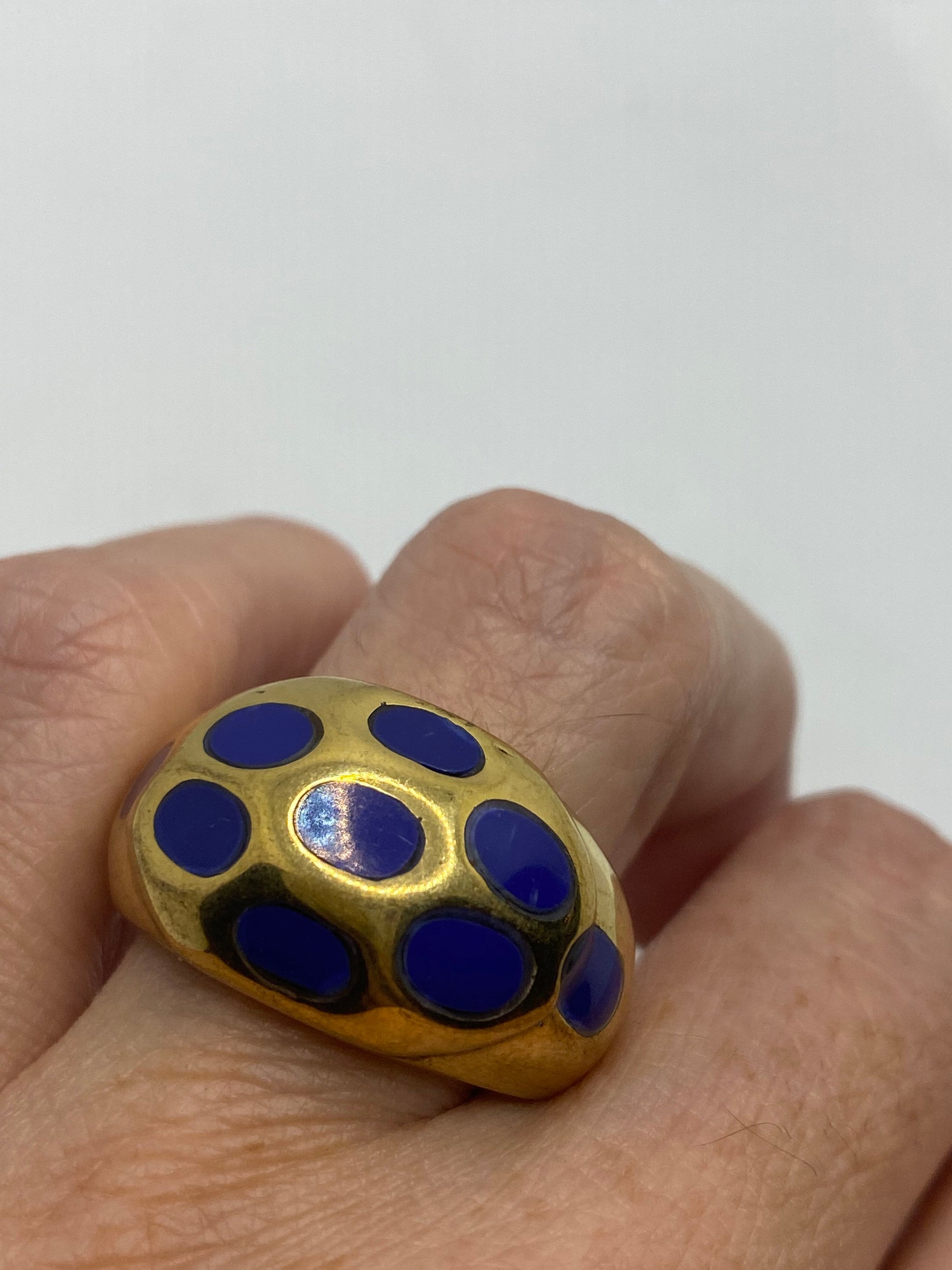 Vintage Blue Lapis Lazuli Golden Brass Size 9.5 Ring