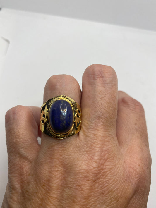 Vintage Blue Lapis Lazuli Golden Brass Size 9 Ohm Shanti Ring