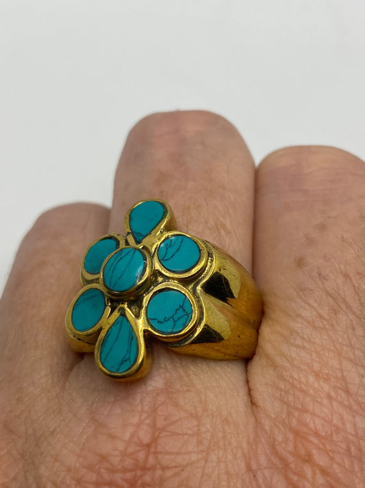 Vintage Tibetan Turquoise Golden Brass Ring