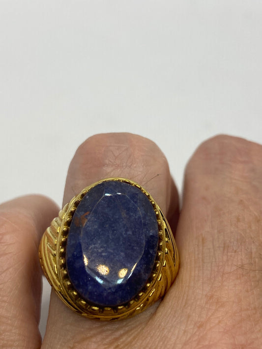 Vintage Raw Blue Sapphire Golden Brass Size 9 Ring