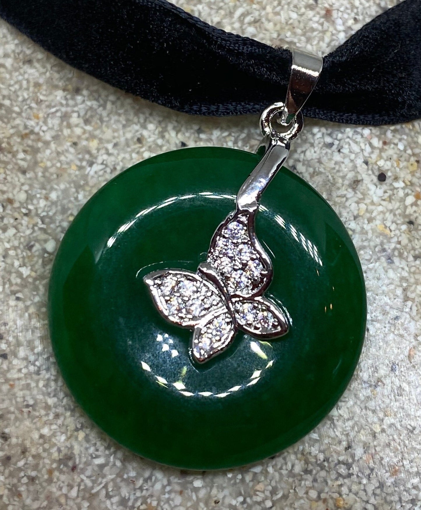 Vintage Green Jade Silver Finish Mariposa Butterfly Necklace