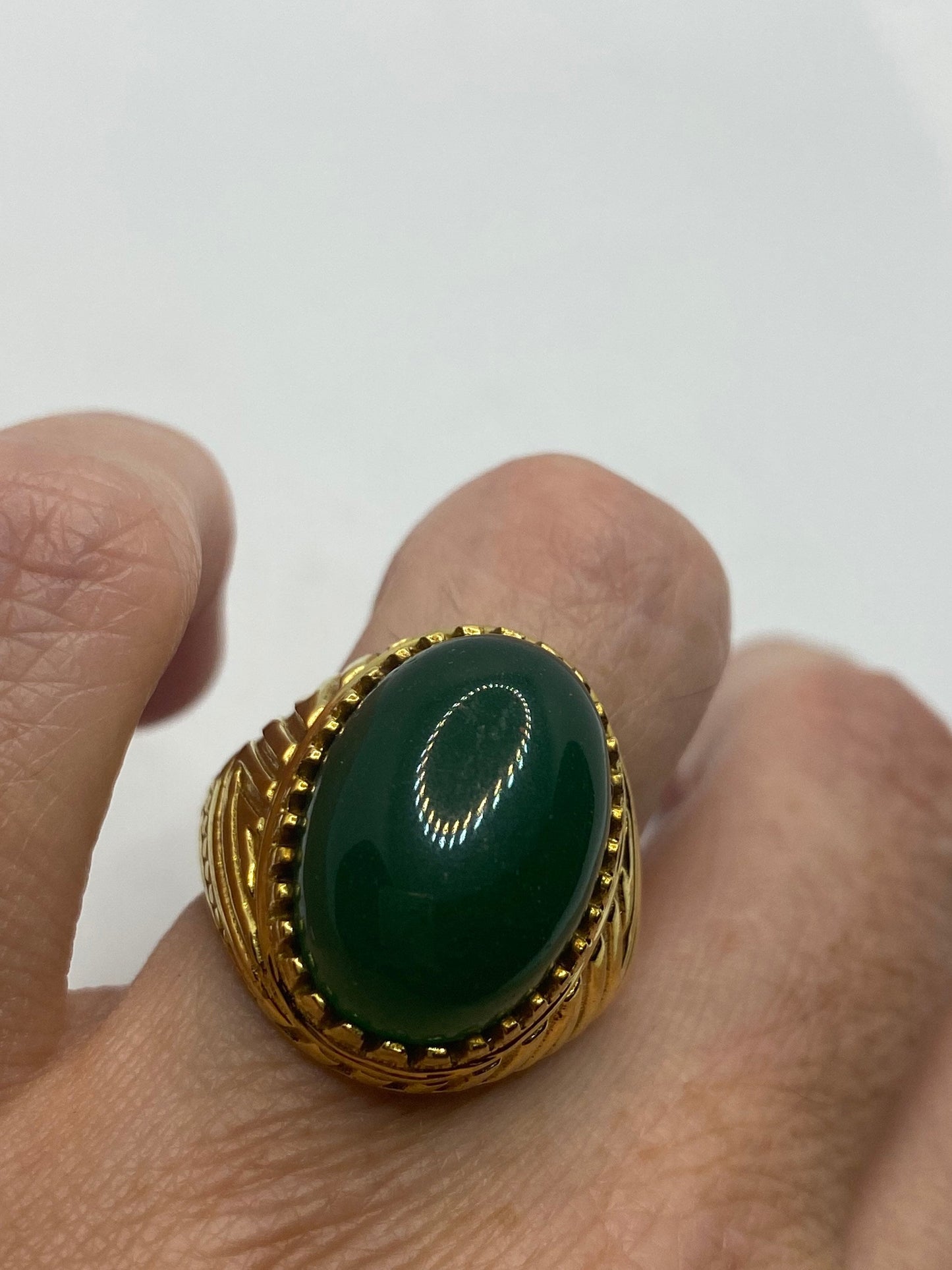 Vintage Green Onyx Deco Brass Antique Ring