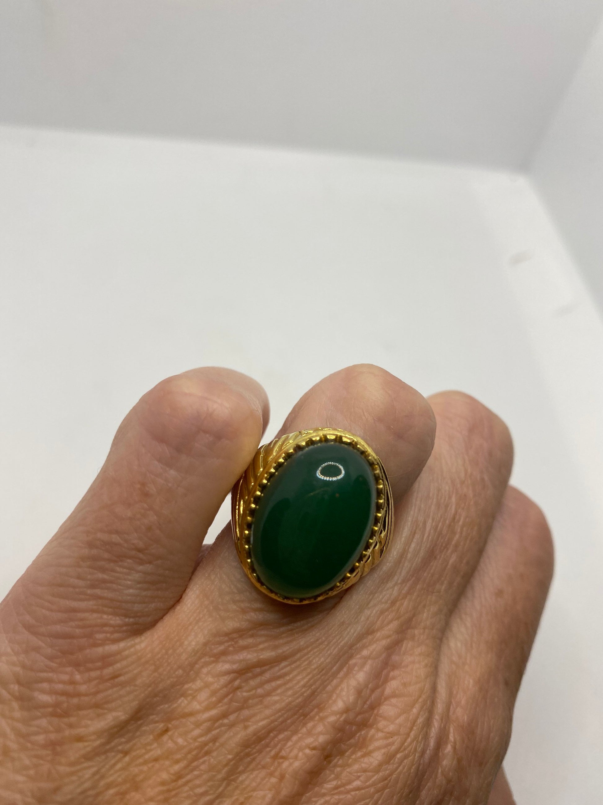 Vintage Green Onyx Deco Brass Antique Ring