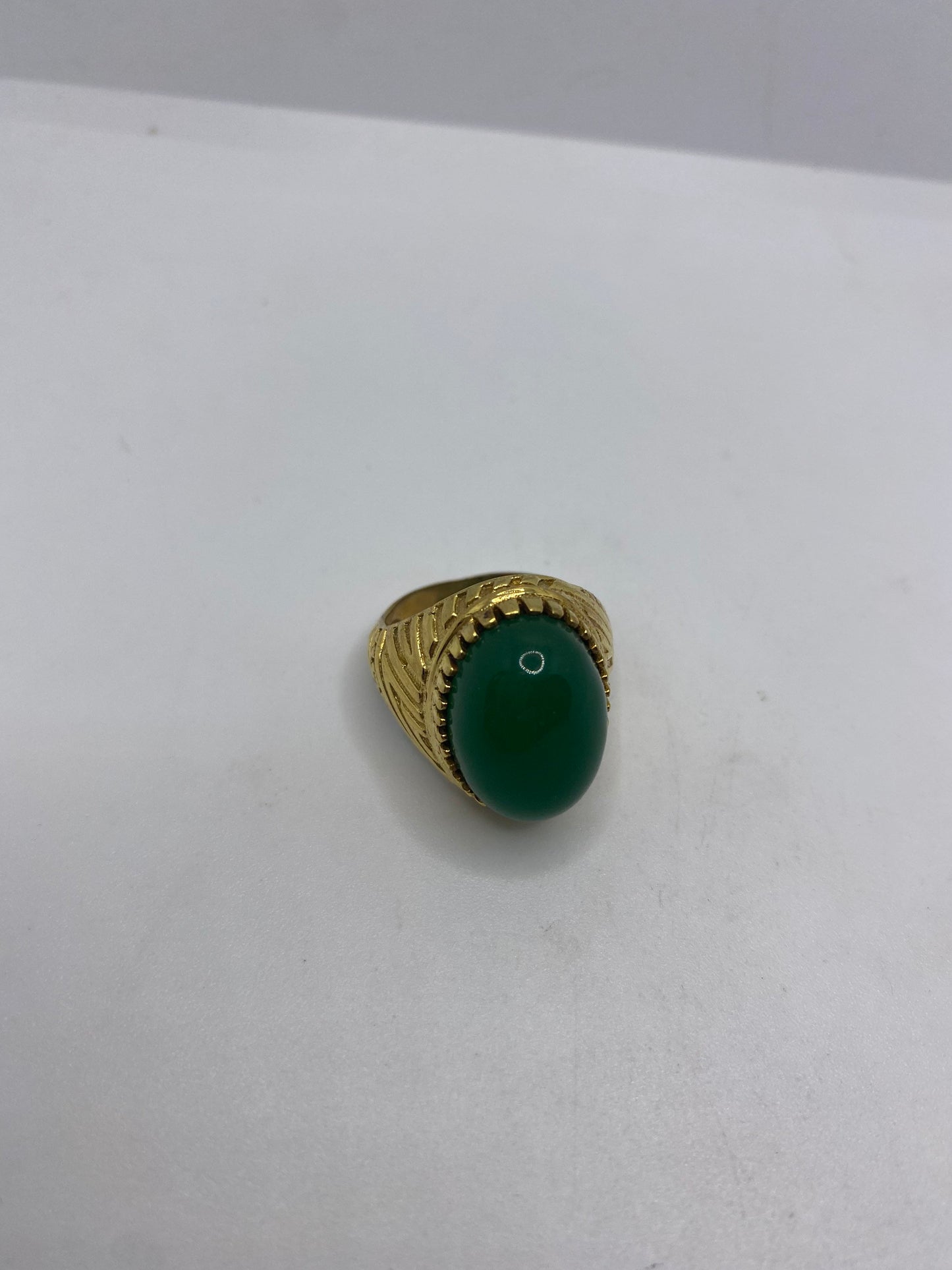 Vintage Green Onyx Deco Brass Antique Ring