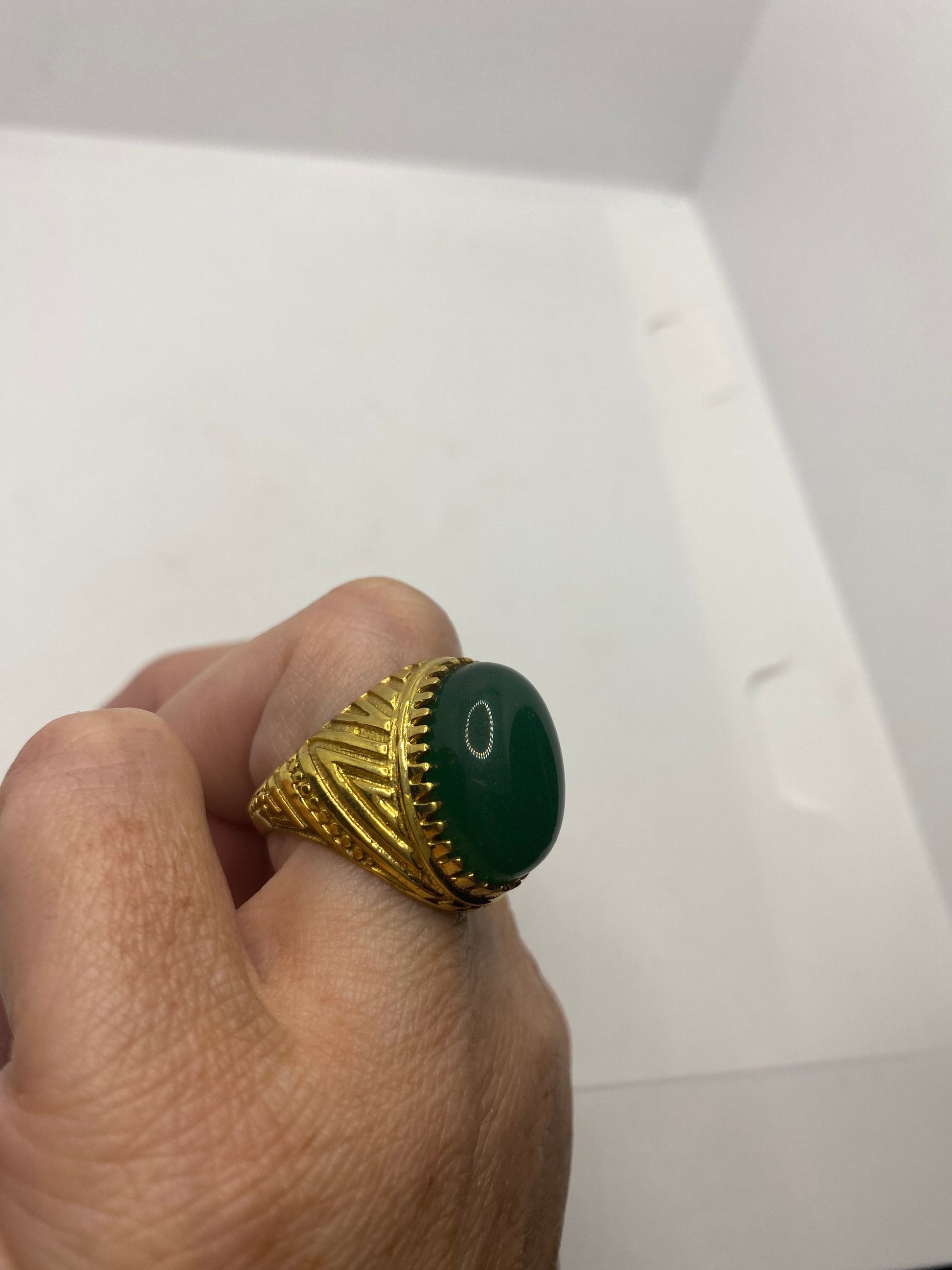 Vintage Green Onyx Deco Brass Antique Ring