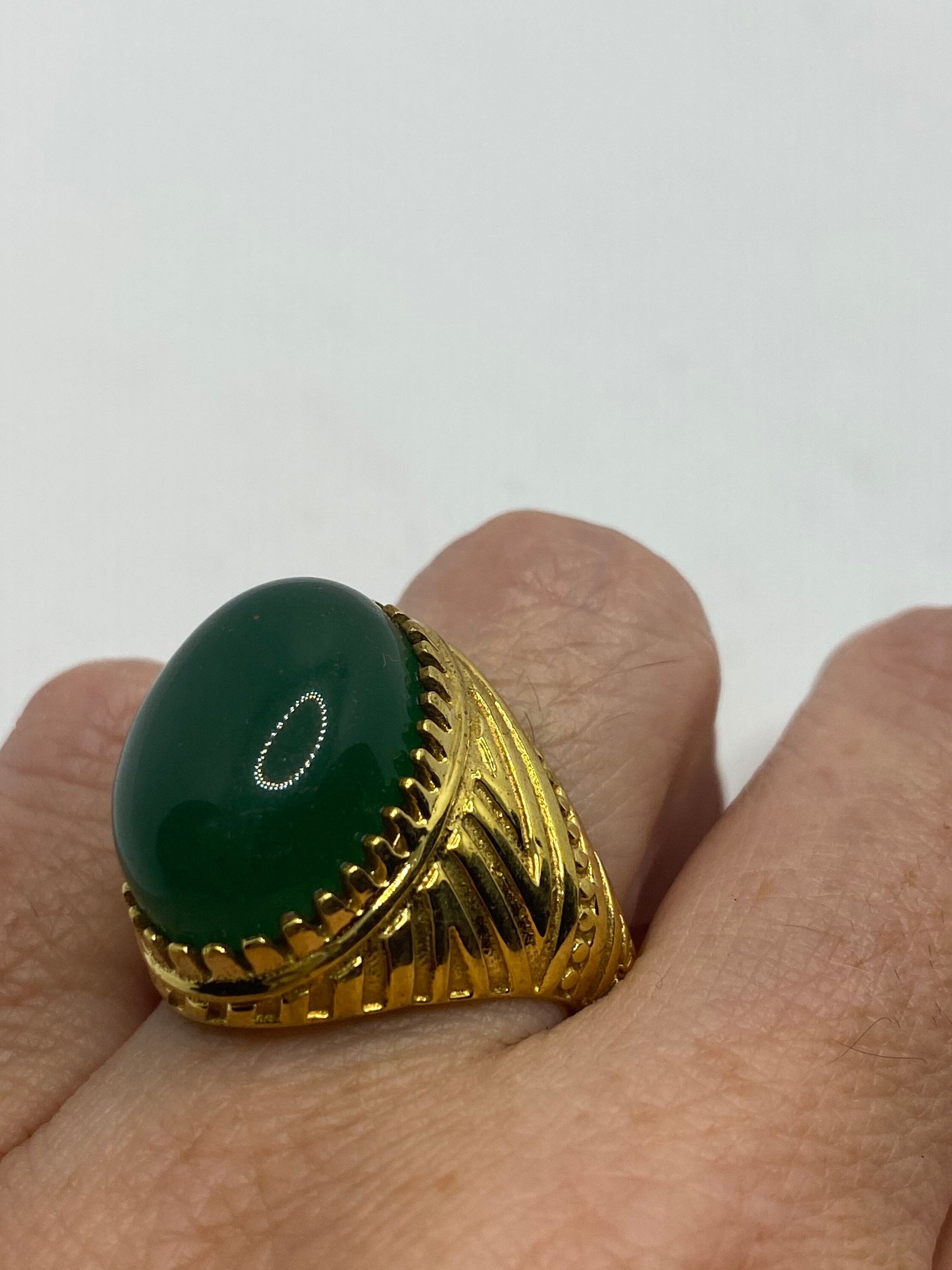 Vintage Green Onyx Deco Brass Antique Ring