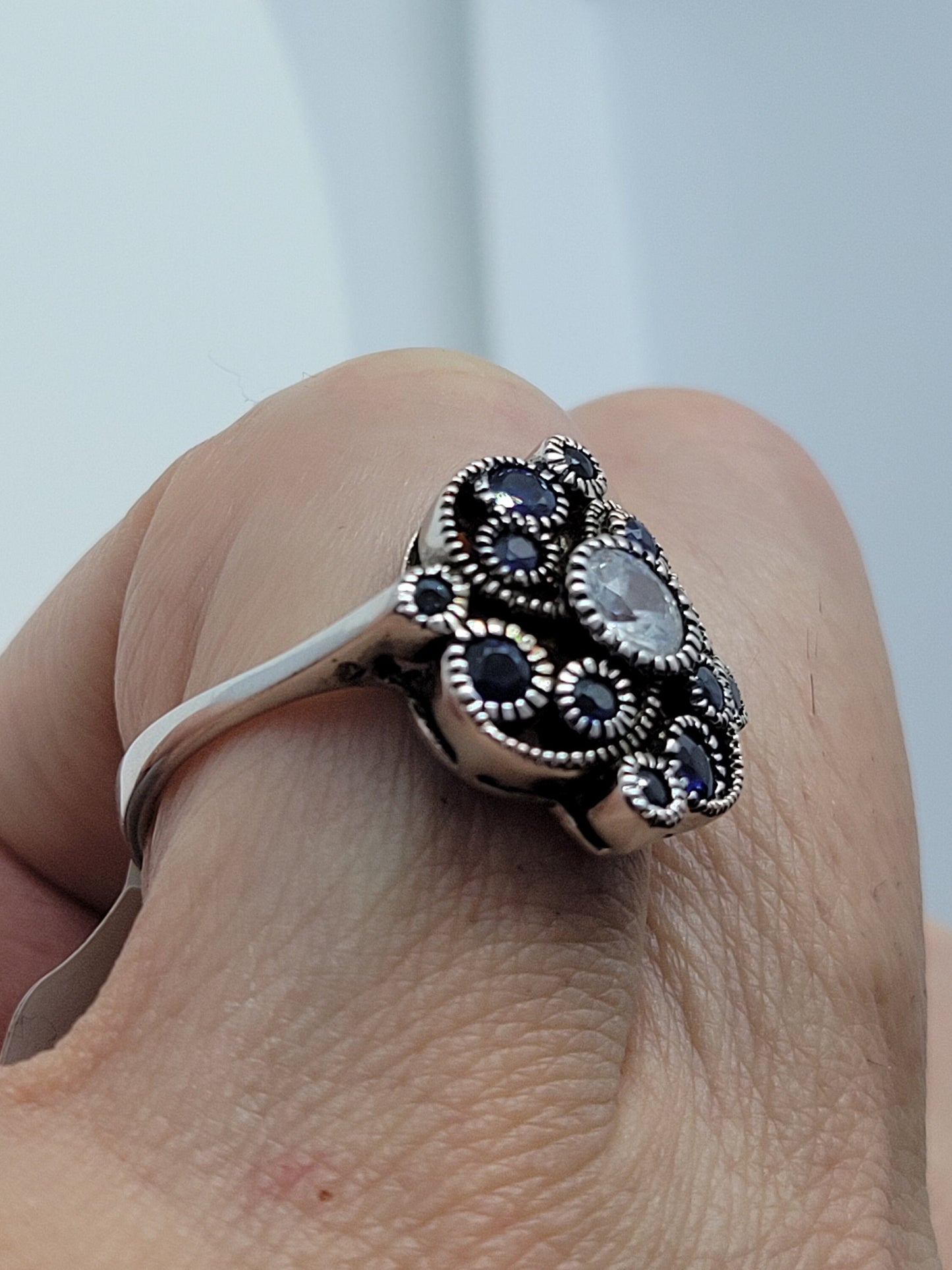 Vintage White Sapphire and Blue Sapphire Ring in 925 Sterling Silver