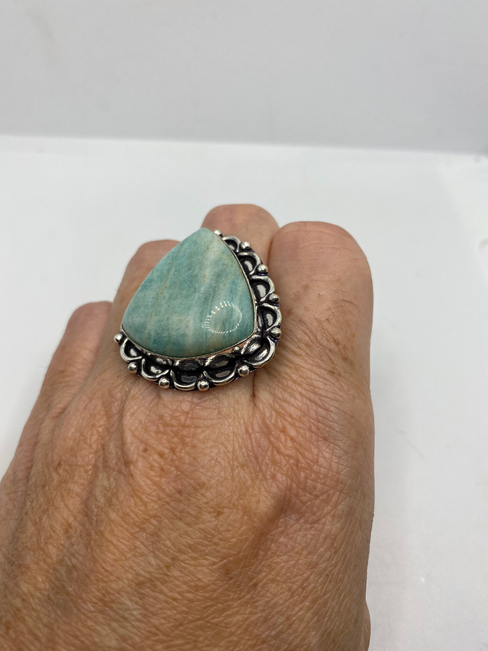 Vintage Green Amazonite Silver Ring Size 7.75