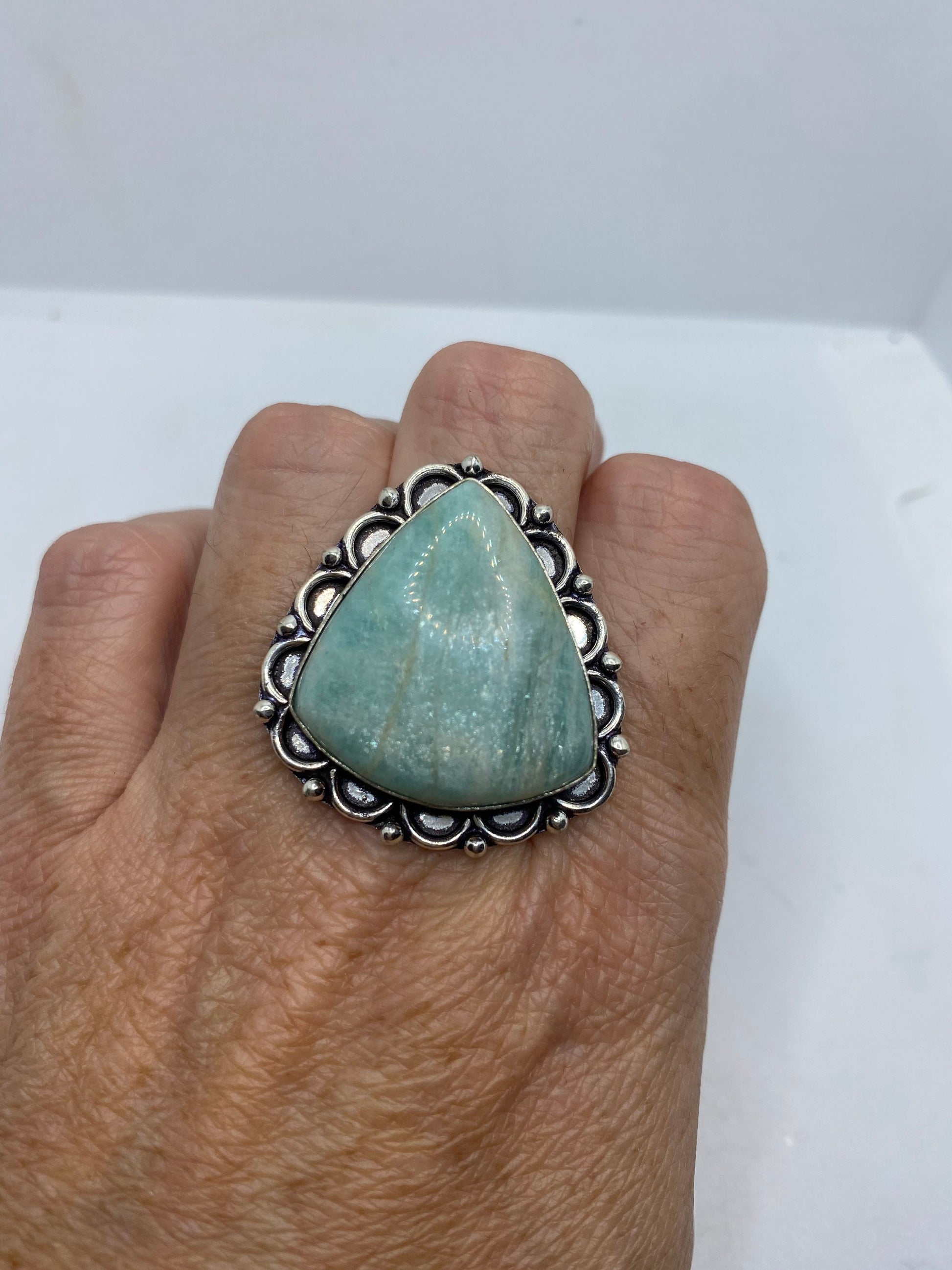 Vintage Green Amazonite Silver Ring Size 7.75