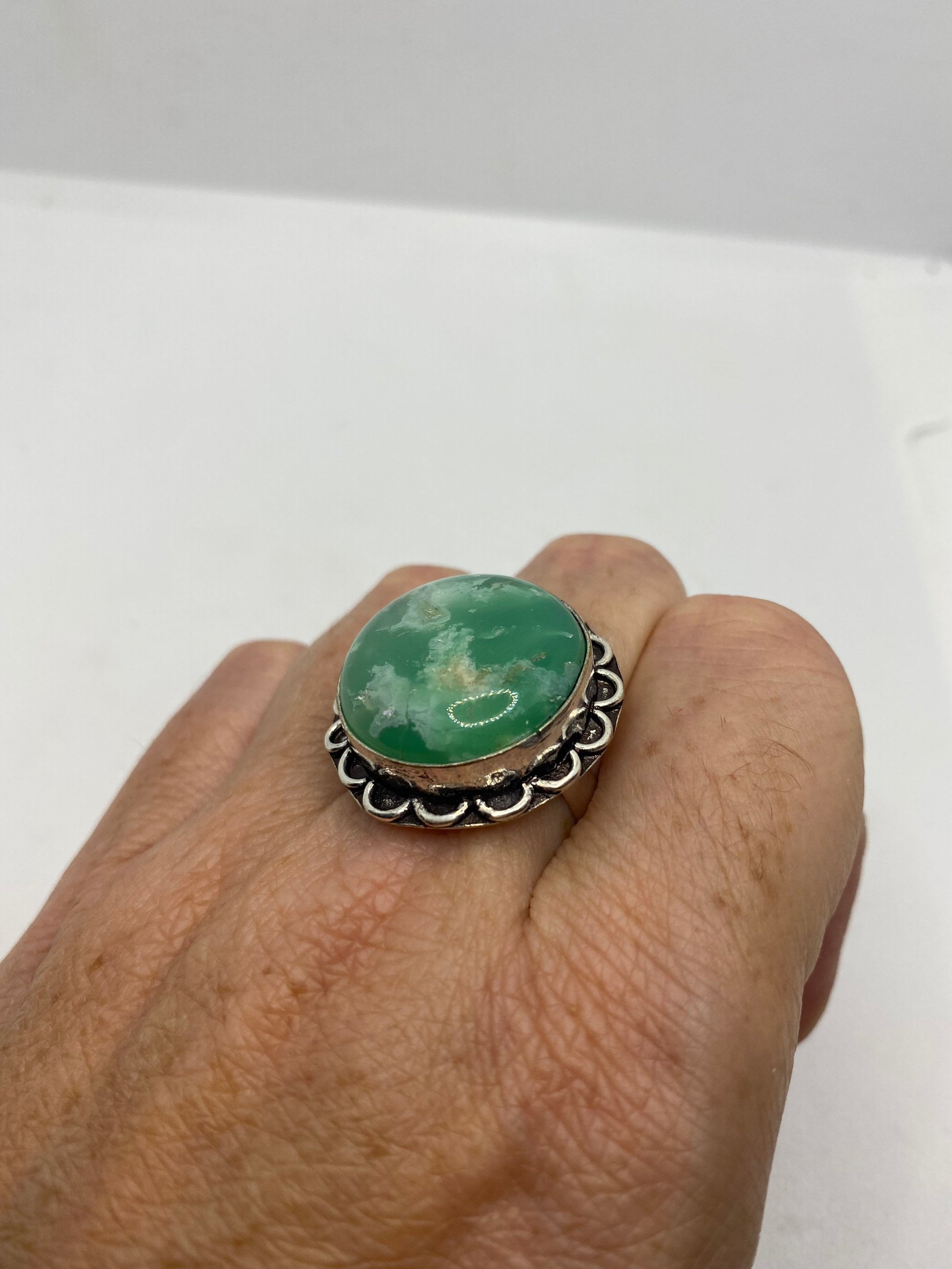 Vintage Green Amazonite Silver Ring Size 8.5