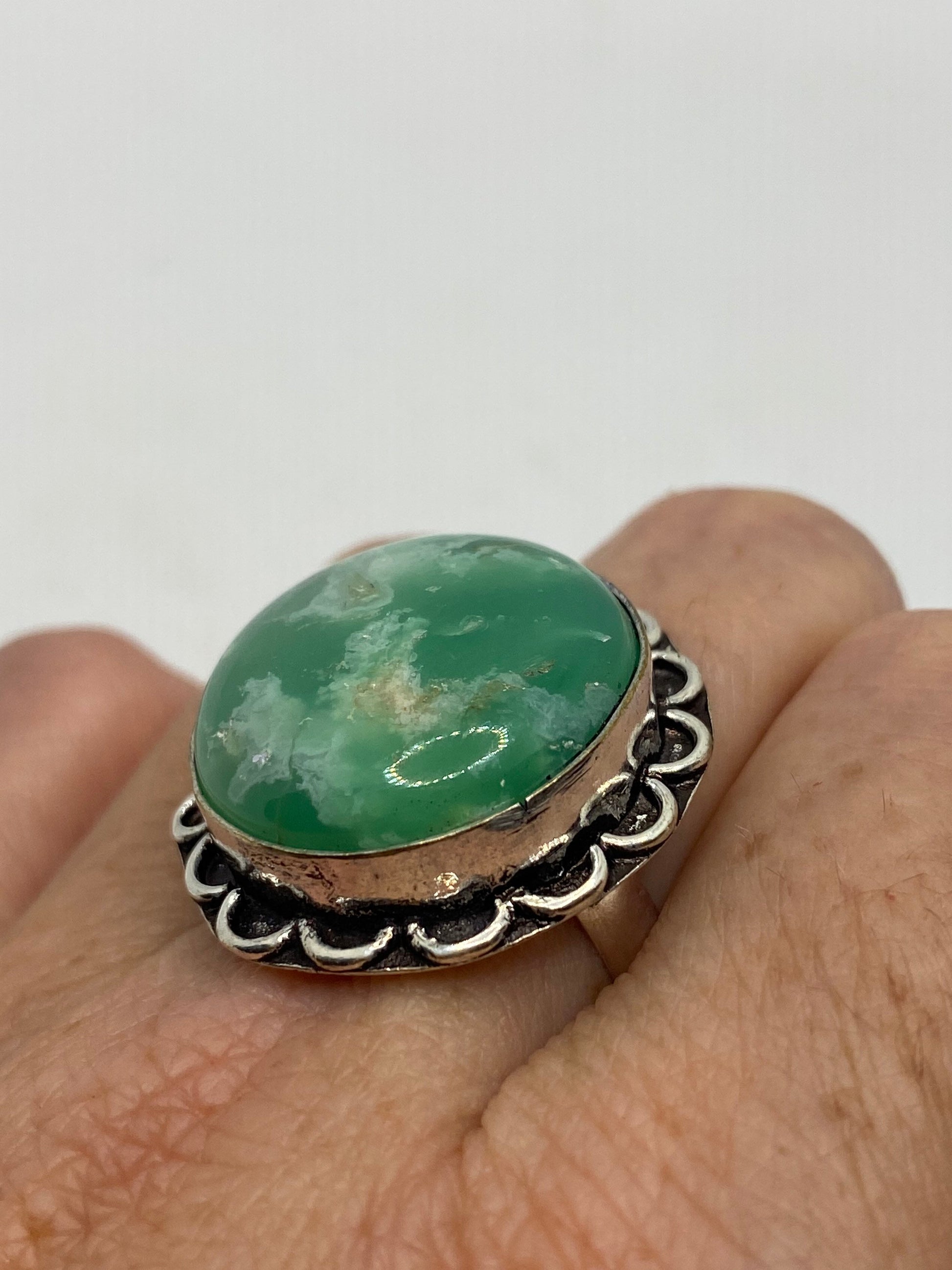 Vintage Green Amazonite Silver Ring Size 8.5