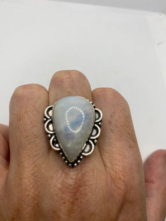 Vintage Genuine Blue White Rainbow Moonstone Ring