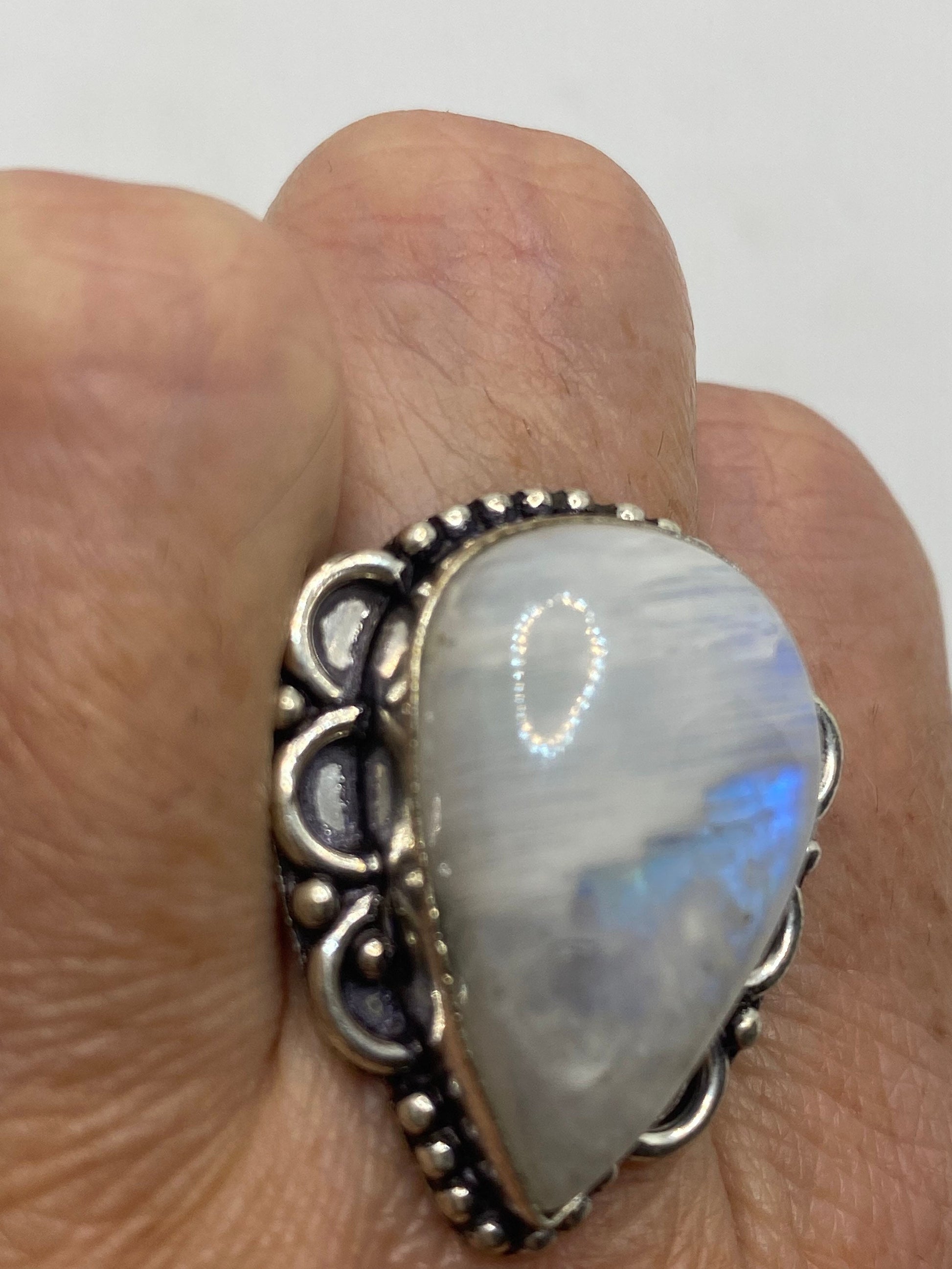 Vintage Genuine Blue White Rainbow Moonstone Ring