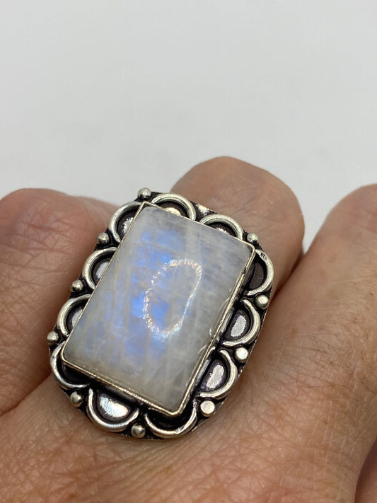 Vintage Genuine Blue White Rainbow Moonstone Ring