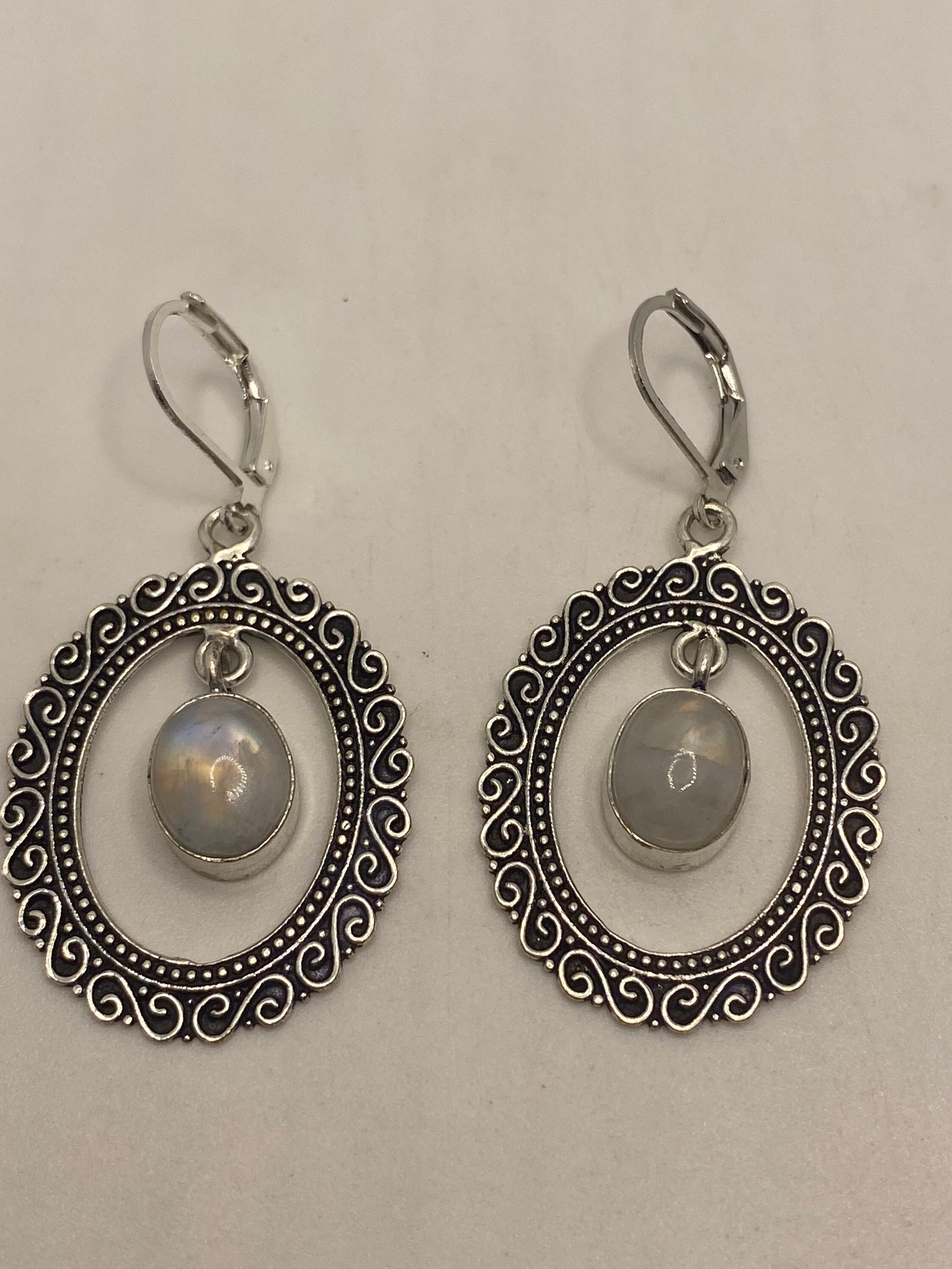 Vintage Rainbow Moonstone Sterling Silver Lever Back leaf Dangle Earrings