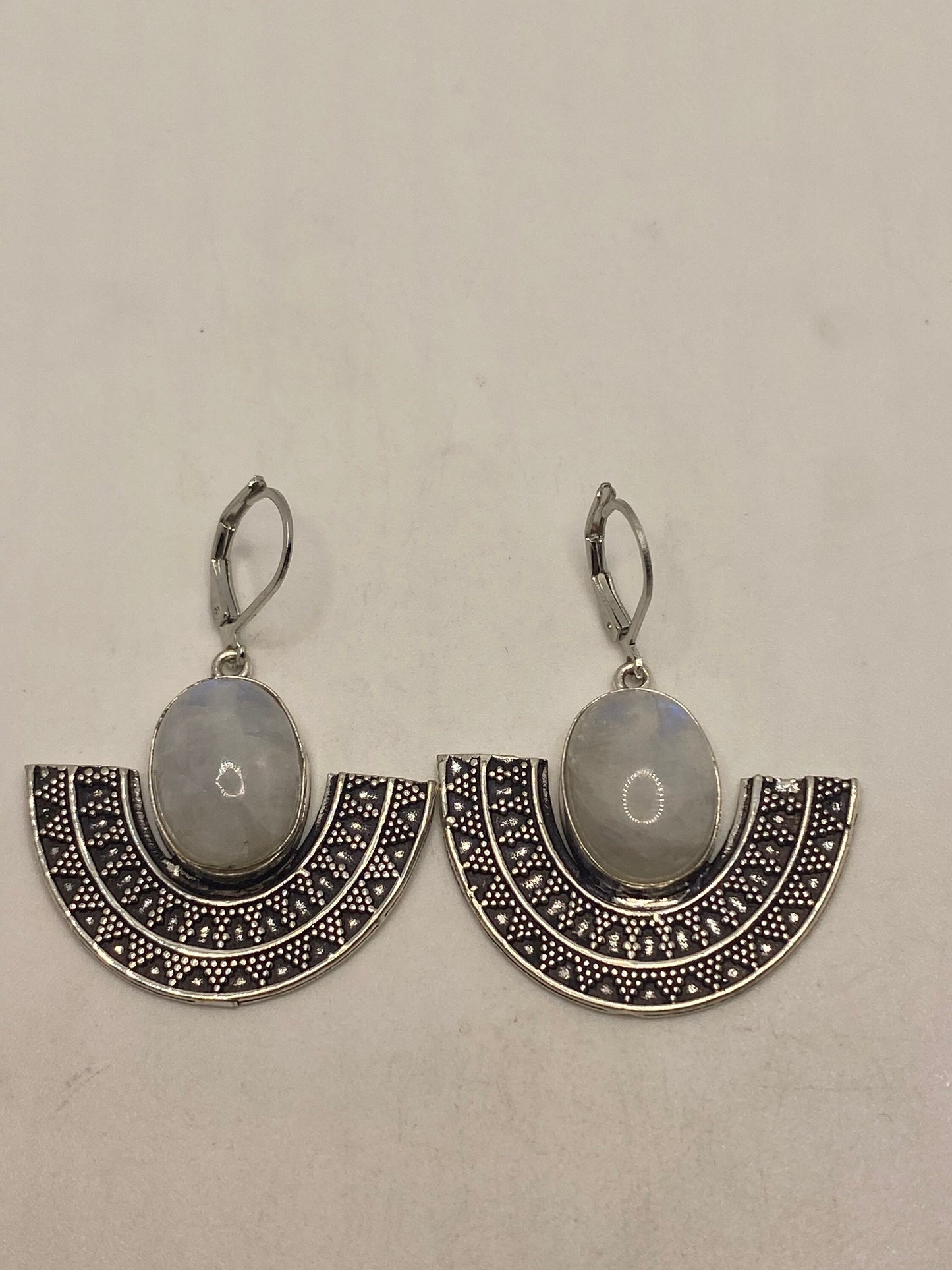 Vintage Rainbow Moonstone Sterling Silver Lever Back leaf Dangle Earrings