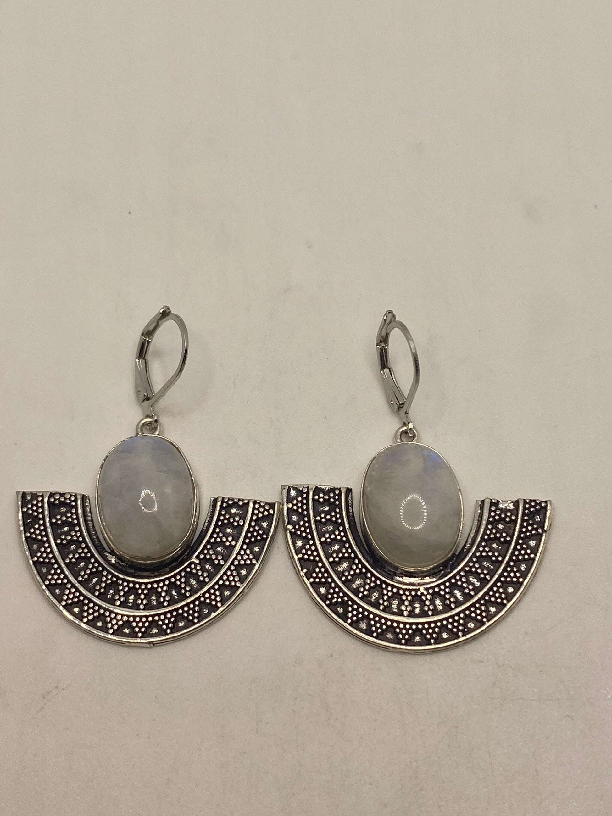 Vintage Rainbow Moonstone Sterling Silver Lever Back leaf Dangle Earrings