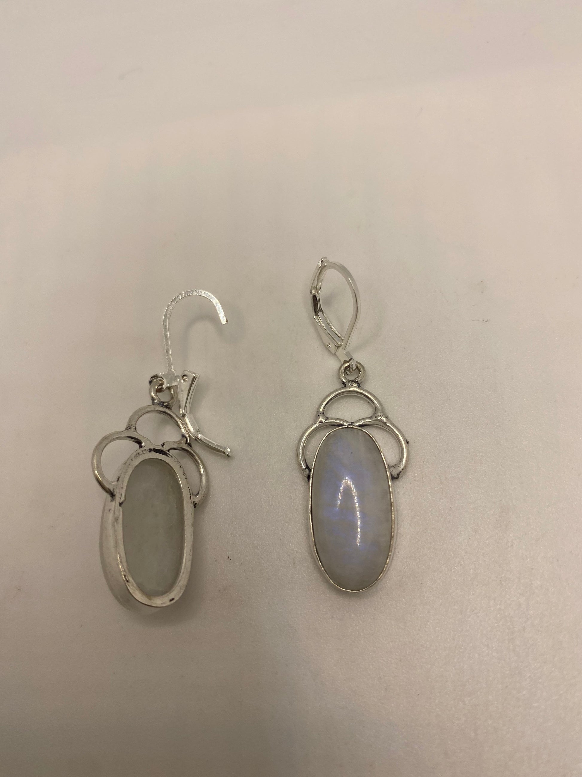 Vintage Rainbow Moonstone Sterling Silver Lever Back leaf Dangle Earrings