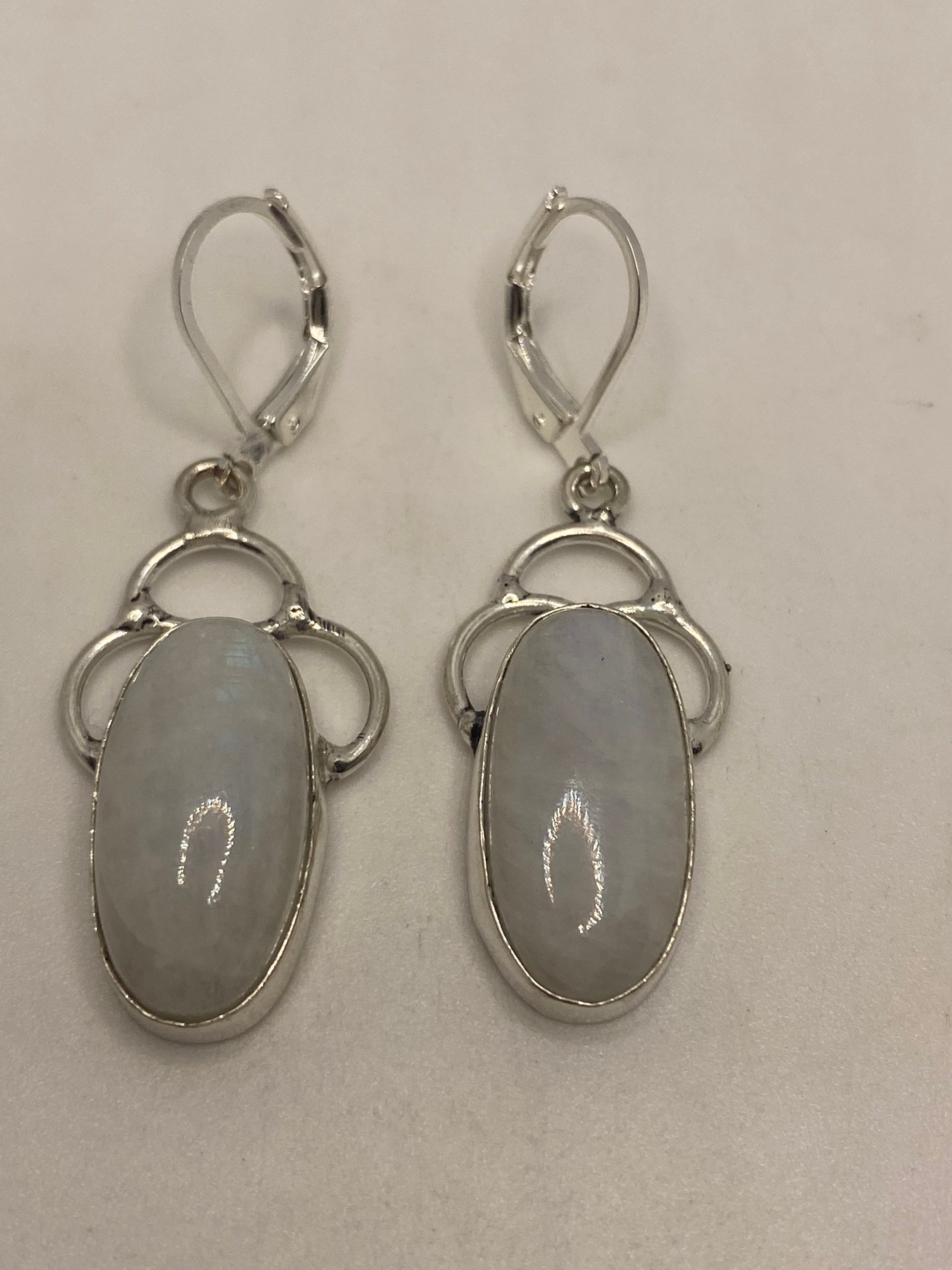 Vintage Rainbow Moonstone Sterling Silver Lever Back leaf Dangle Earrings