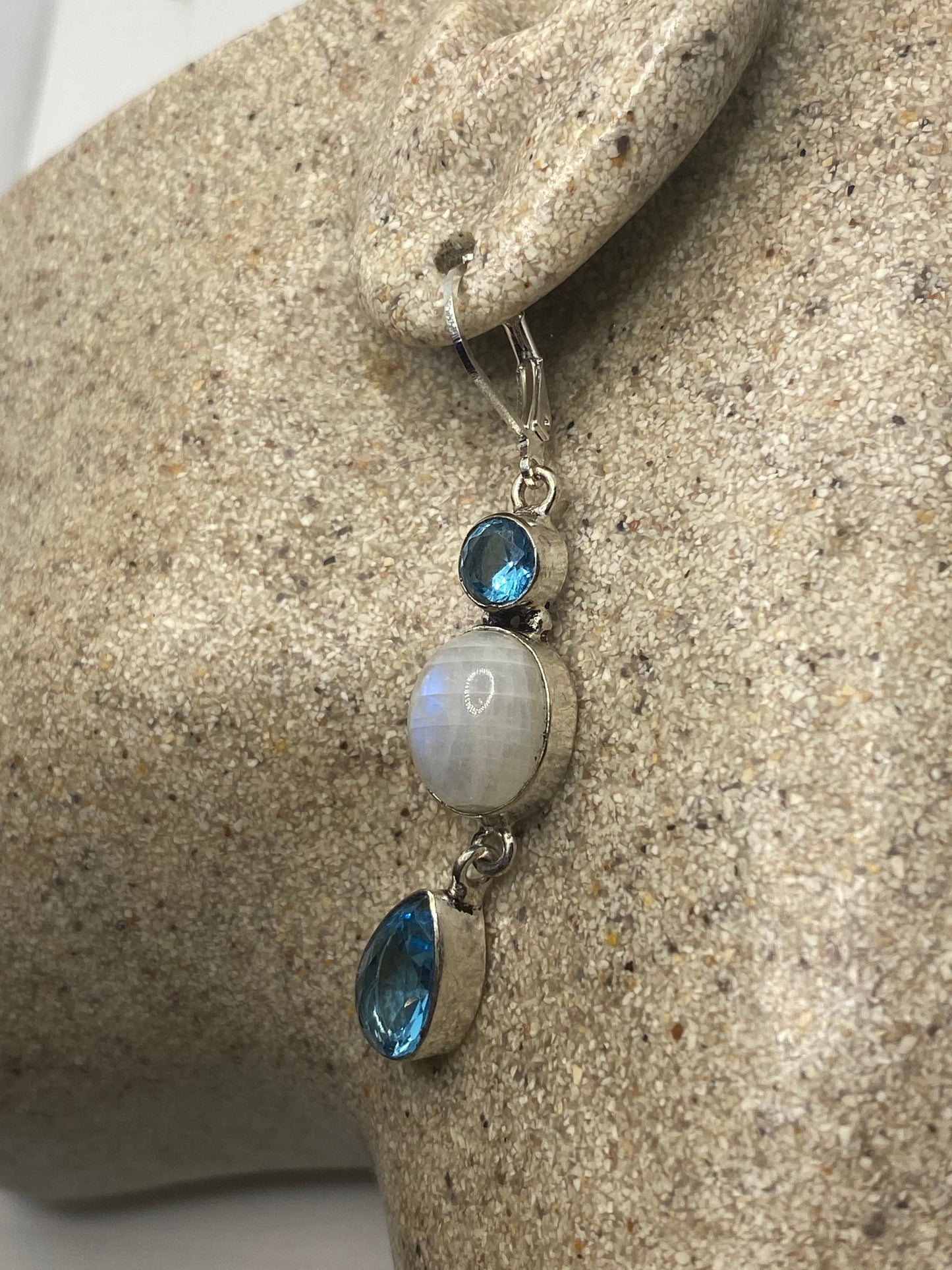 Vintage Rainbow Moonstone Sterling Silver Lever Back Dangle Earrings