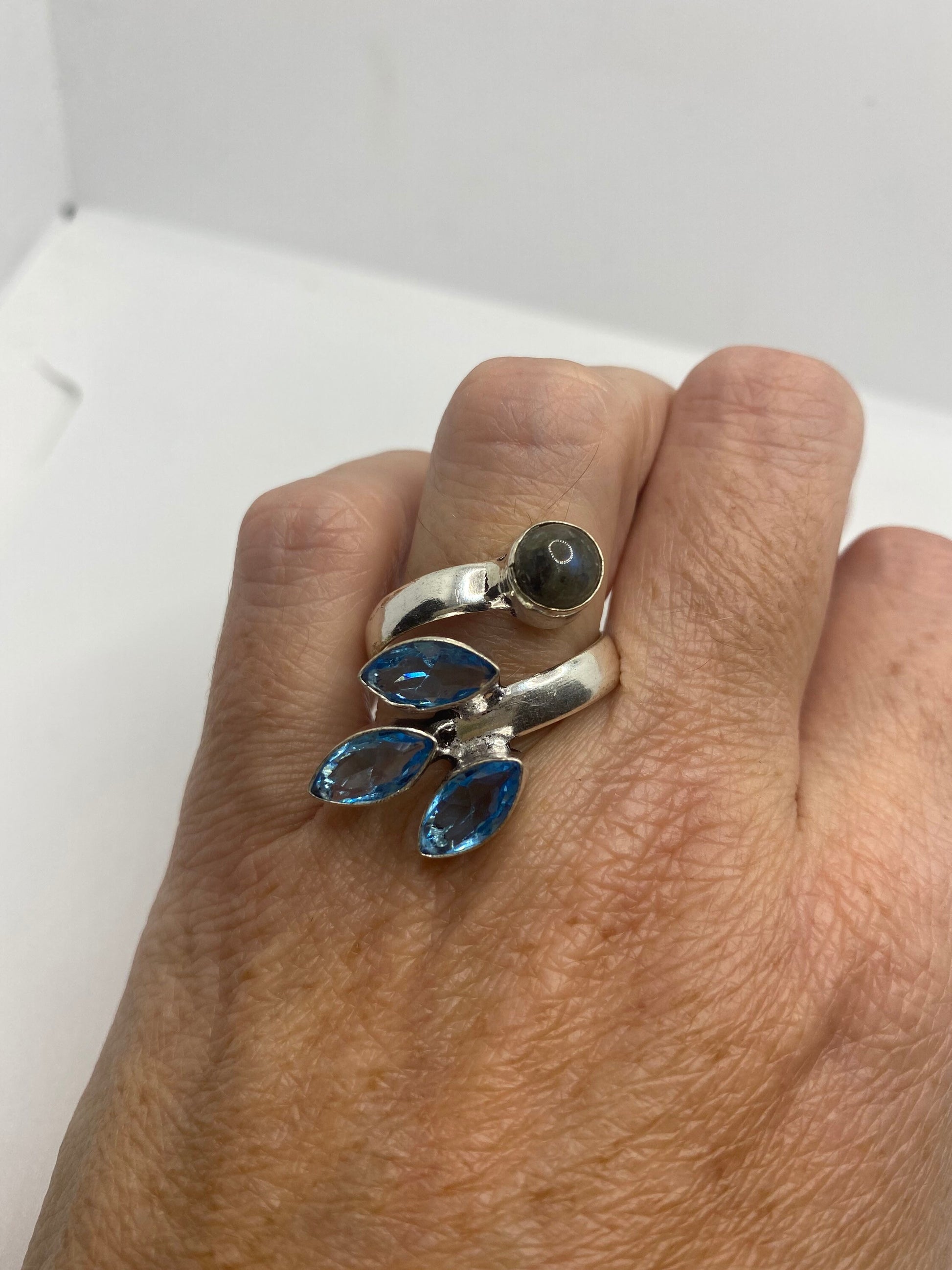 Vintage Labradorite and Blue Topaz Adjustable Ring