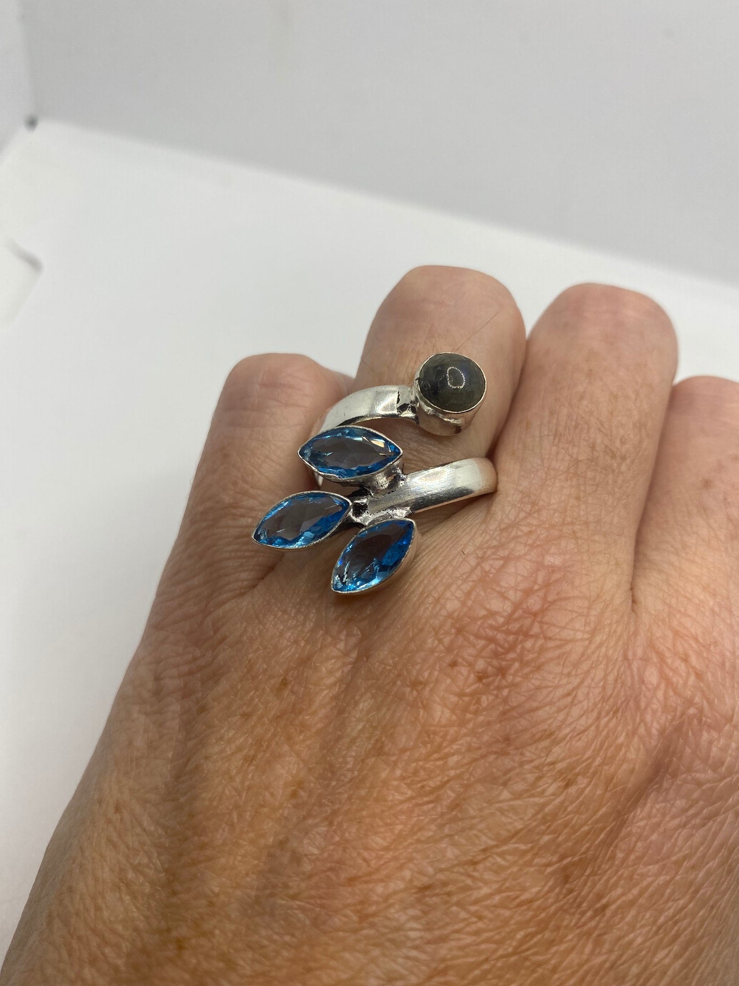 Vintage Labradorite and Blue Topaz Adjustable Ring