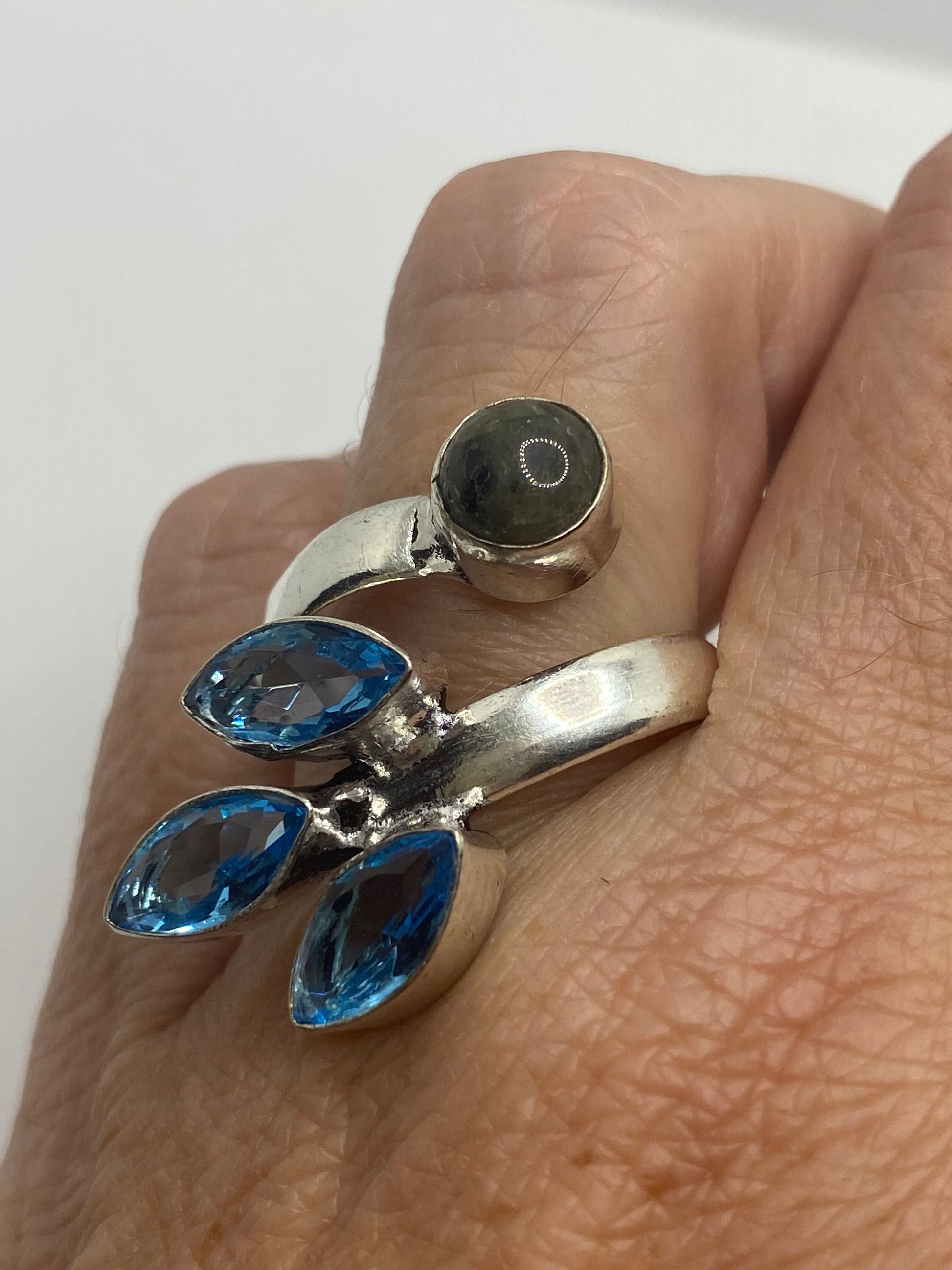 Vintage Labradorite and Blue Topaz Adjustable Ring