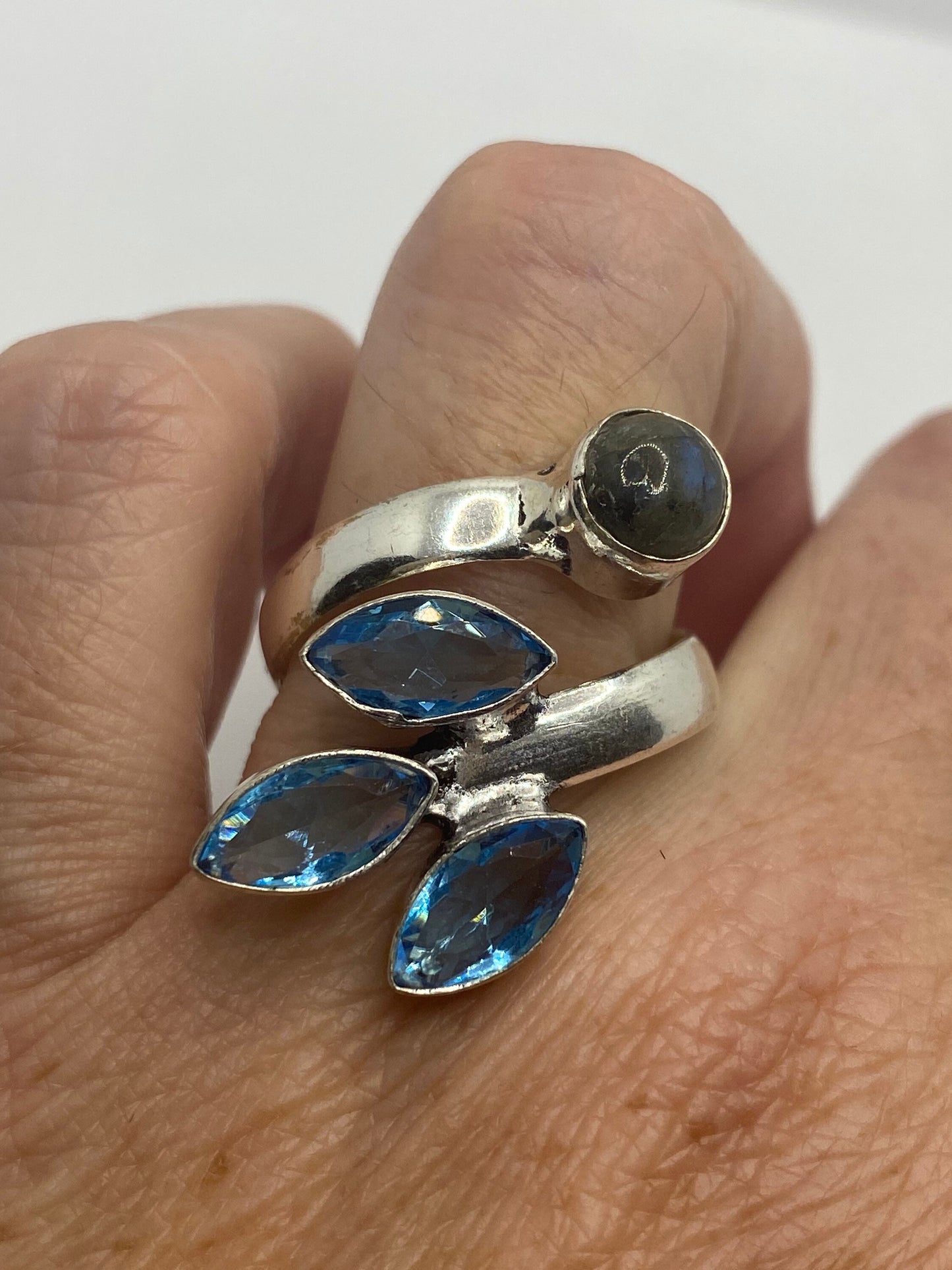 Vintage Labradorite and Blue Topaz Adjustable Ring