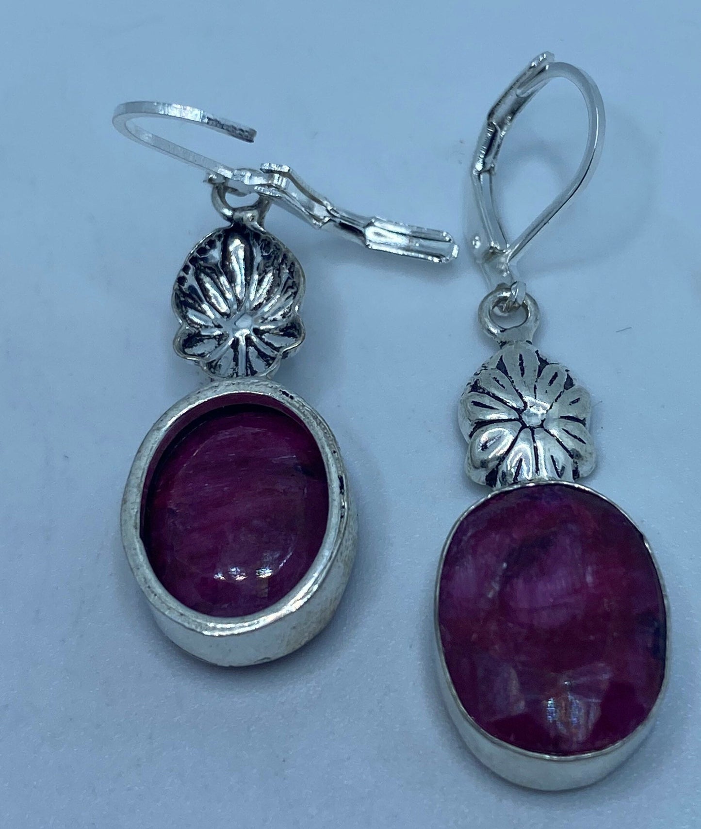 Vintage Pink Raw Ruby Earrings 925 Sterling Silver Leverback