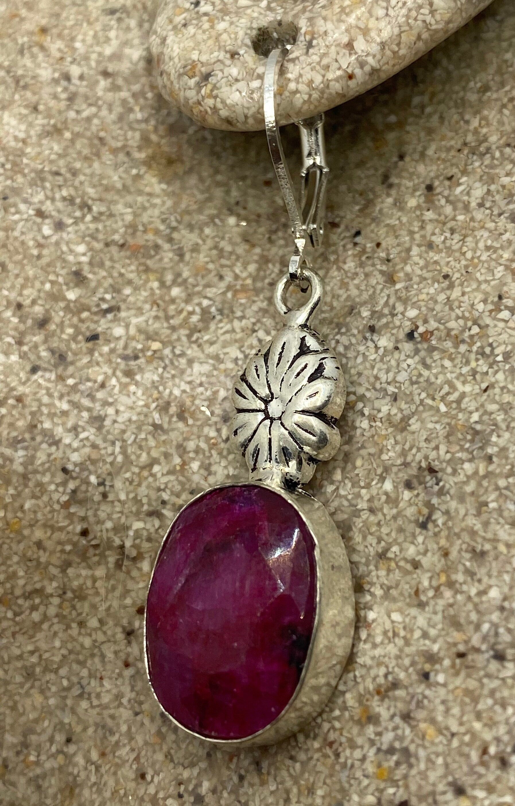 Vintage Pink Raw Ruby Earrings 925 Sterling Silver Leverback
