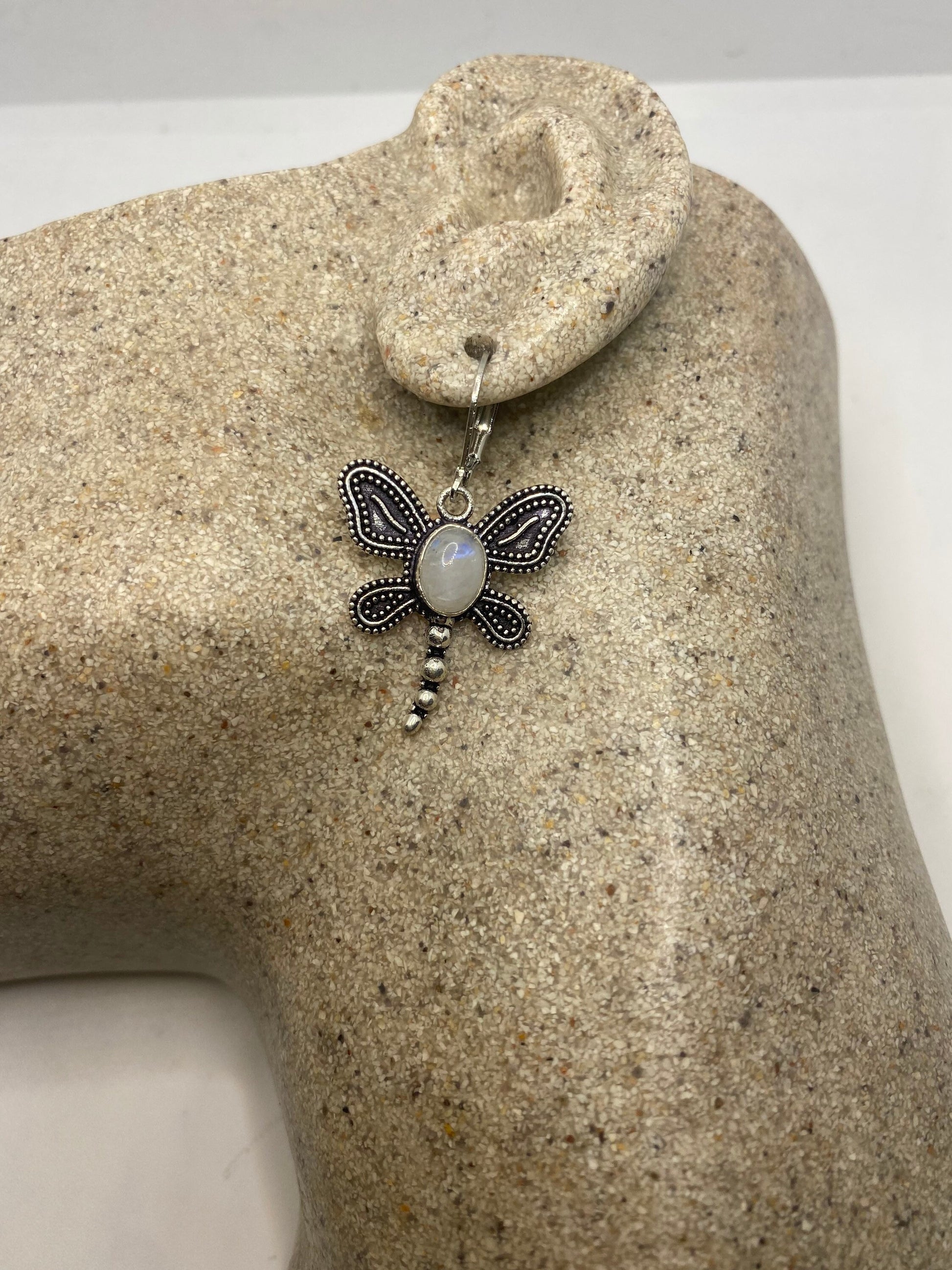 Vintage Rainbow Moonstone Sterling Silver Lever Back leaf Dangle Earrings