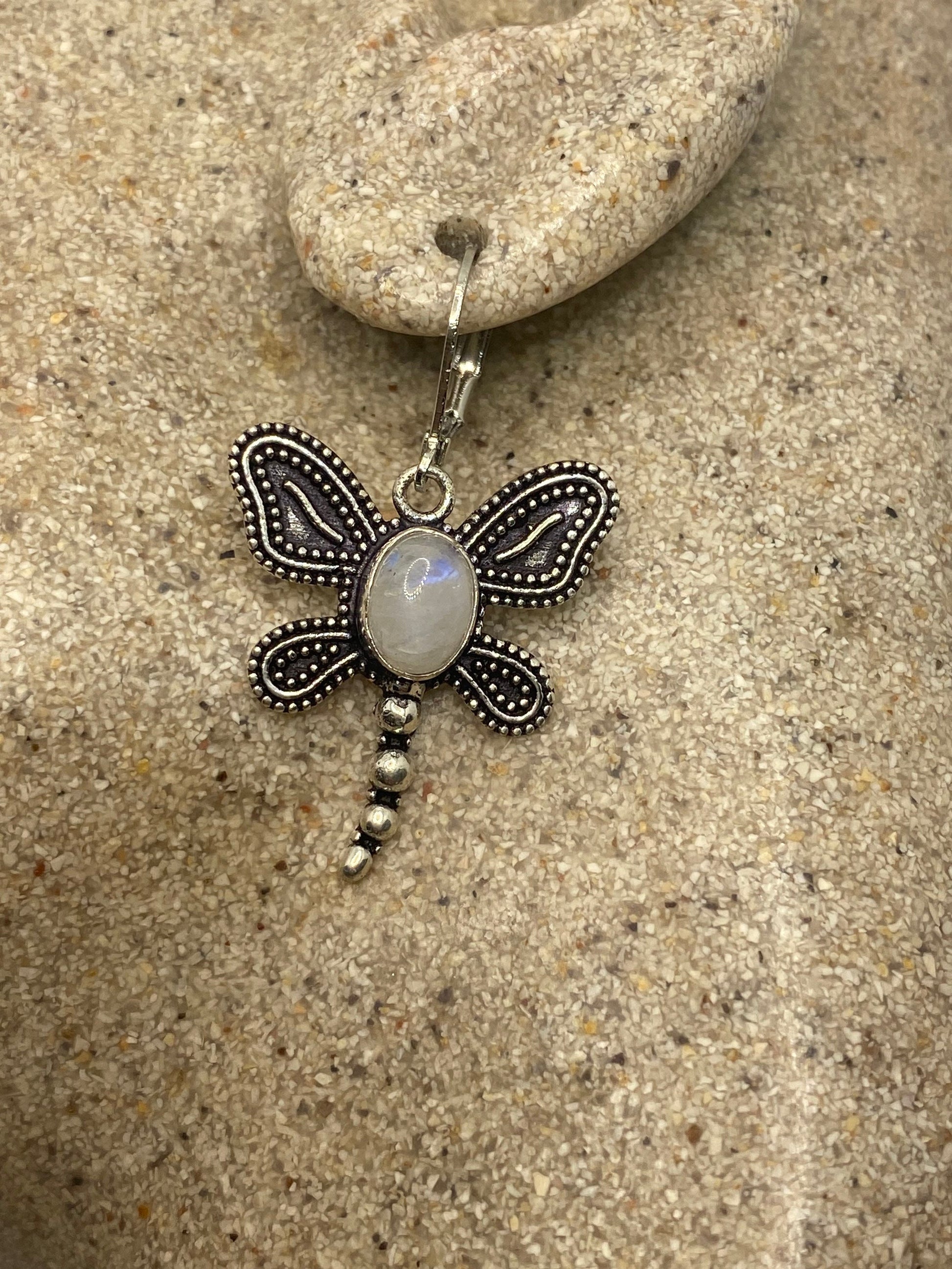 Vintage Rainbow Moonstone Sterling Silver Lever Back leaf Dangle Earrings