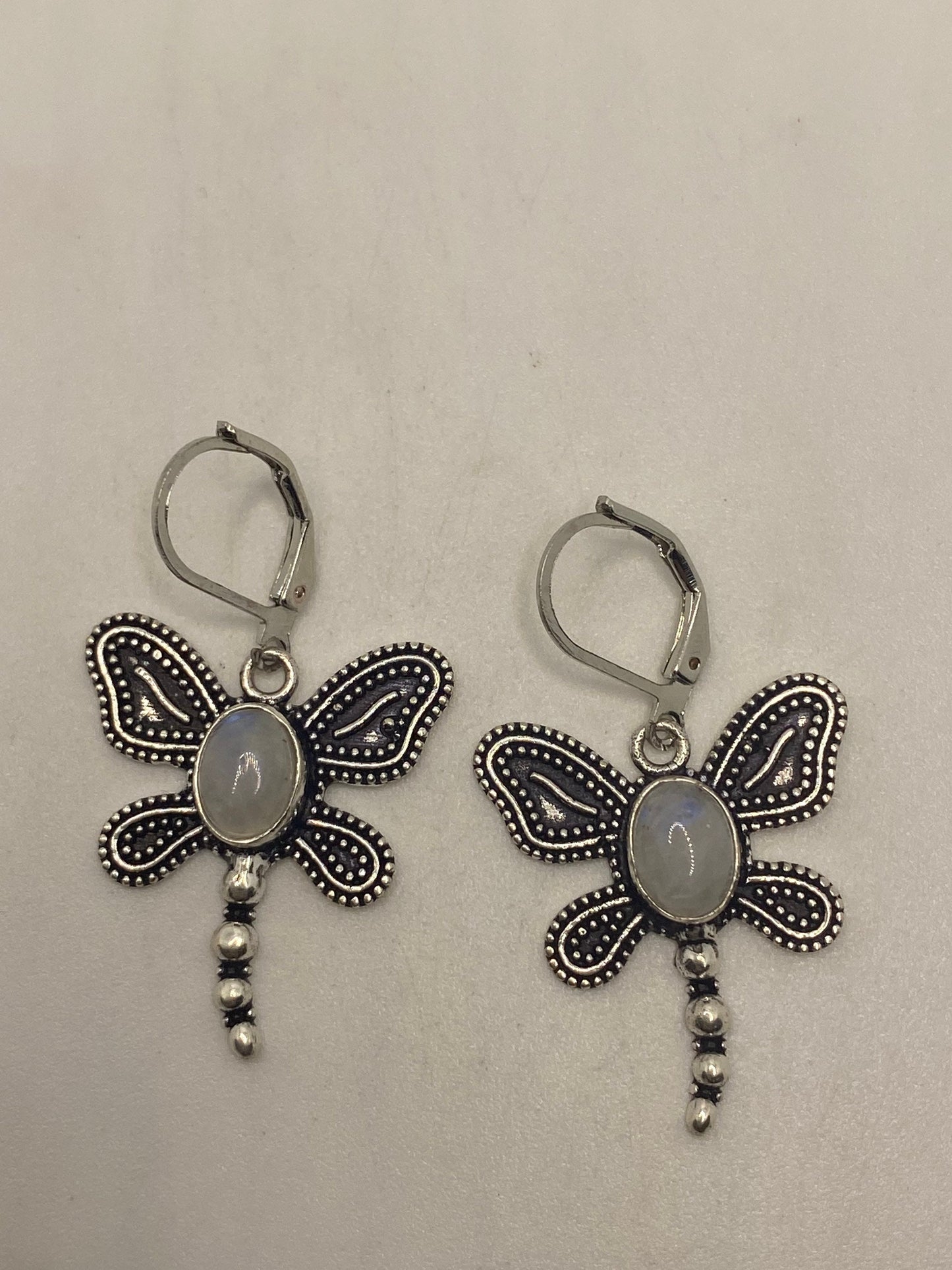 Vintage Rainbow Moonstone Sterling Silver Lever Back leaf Dangle Earrings