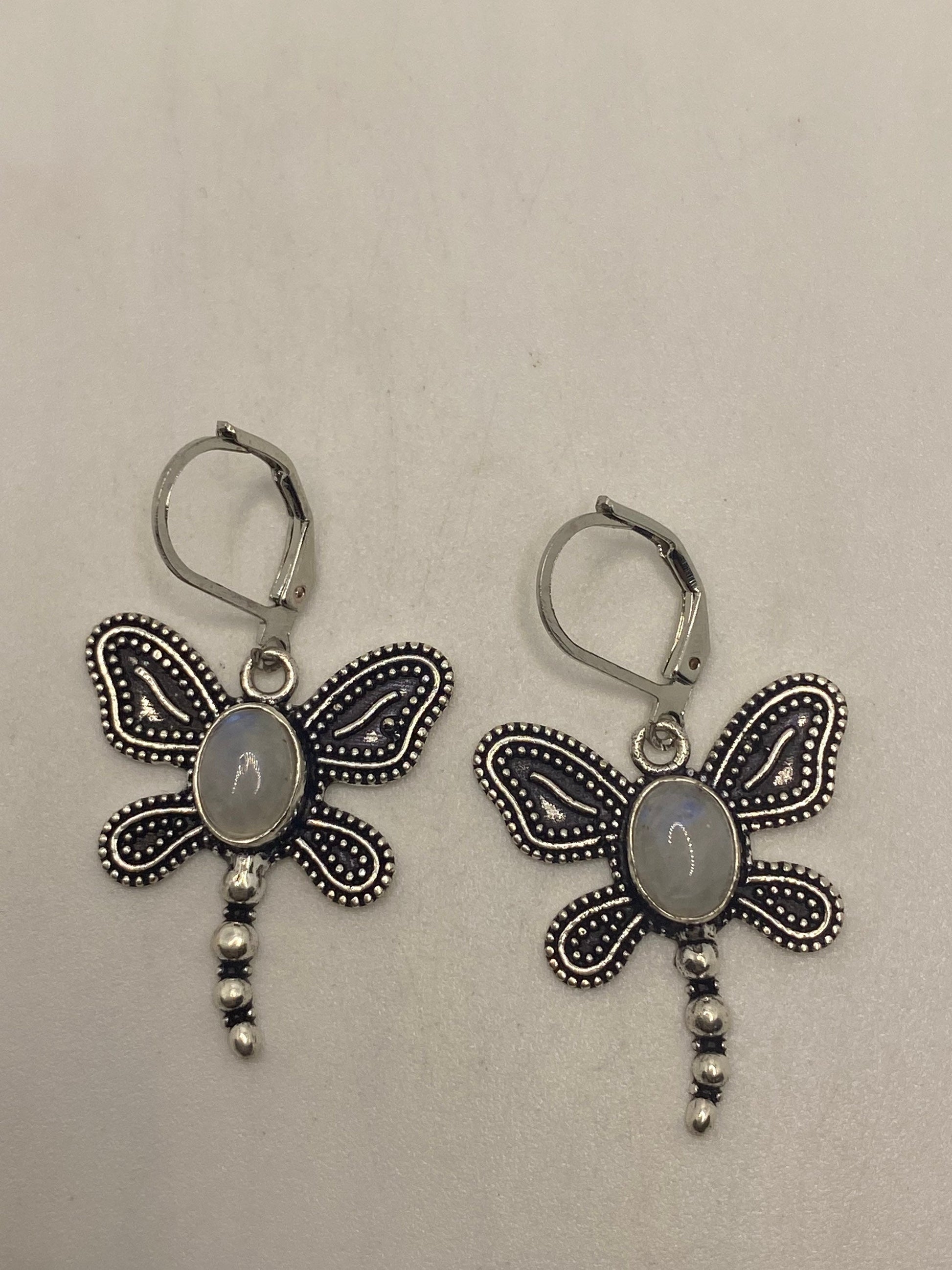 Vintage Rainbow Moonstone Sterling Silver Lever Back leaf Dangle Earrings
