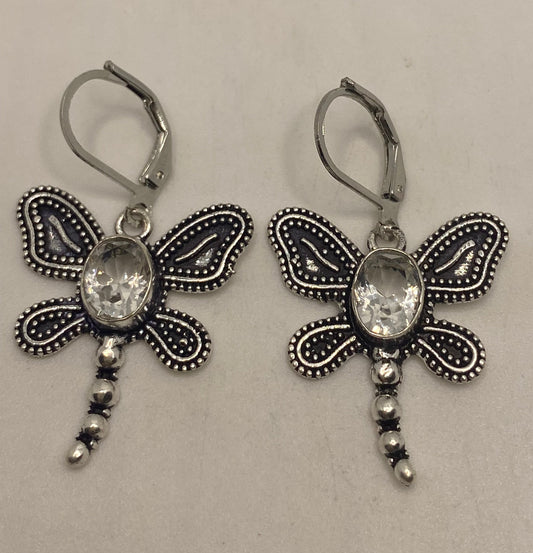 Vintage Quartz Earrings 925 Sterling Silver Chandelier Dragonfly Dangles