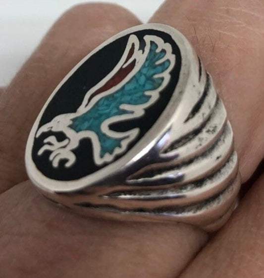 Vintage Native American Southwestern Turquoise Inlay Men Hawk Ring