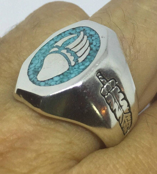 Vintage Native American Style Southwestern Turquoise Stone Inlay Mens Bear Paw Ring