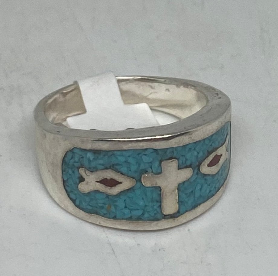 Vintage Native American Style Southwestern Turquoise Cross Inlay Ring