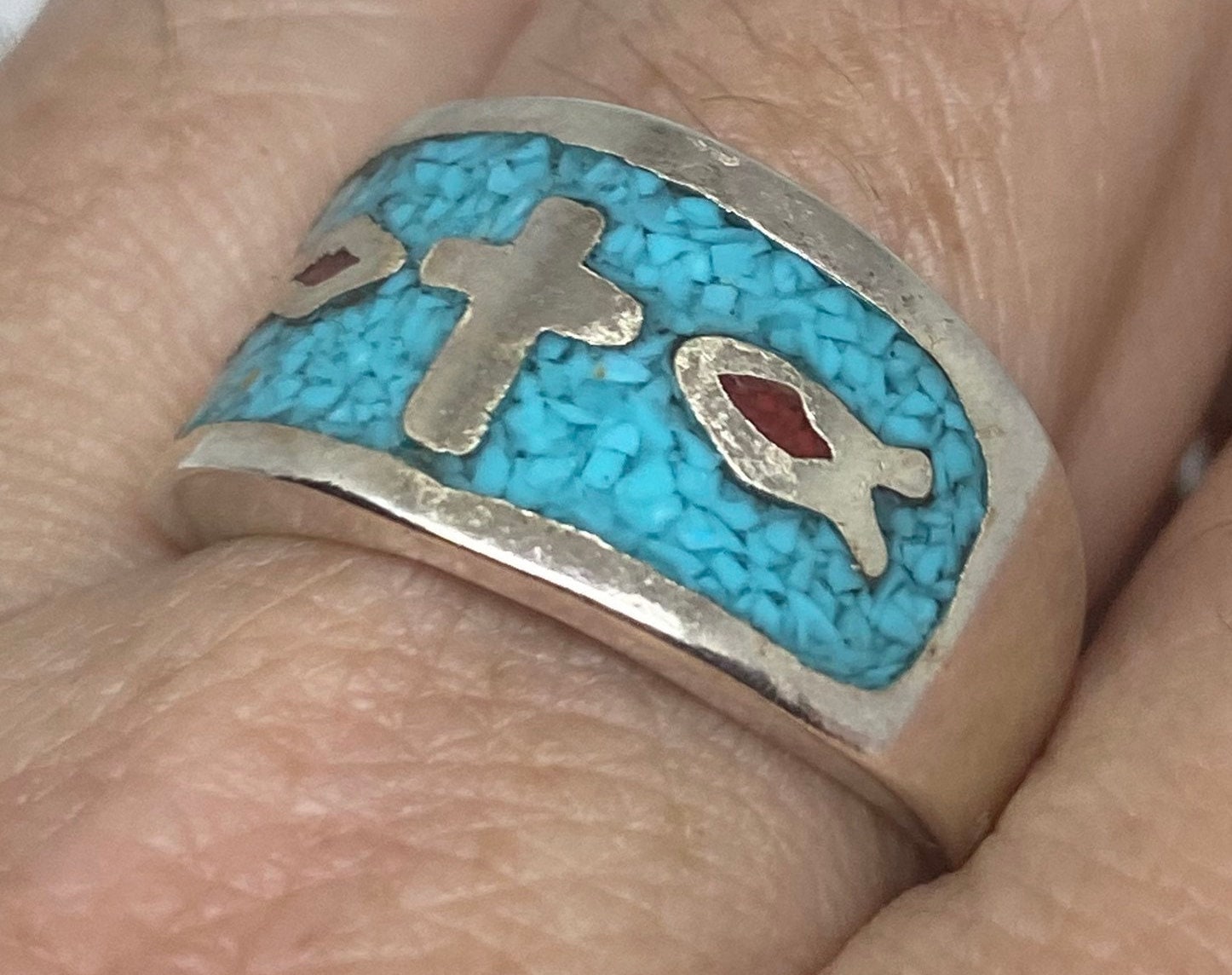 Vintage Native American Style Southwestern Turquoise Cross Inlay Ring