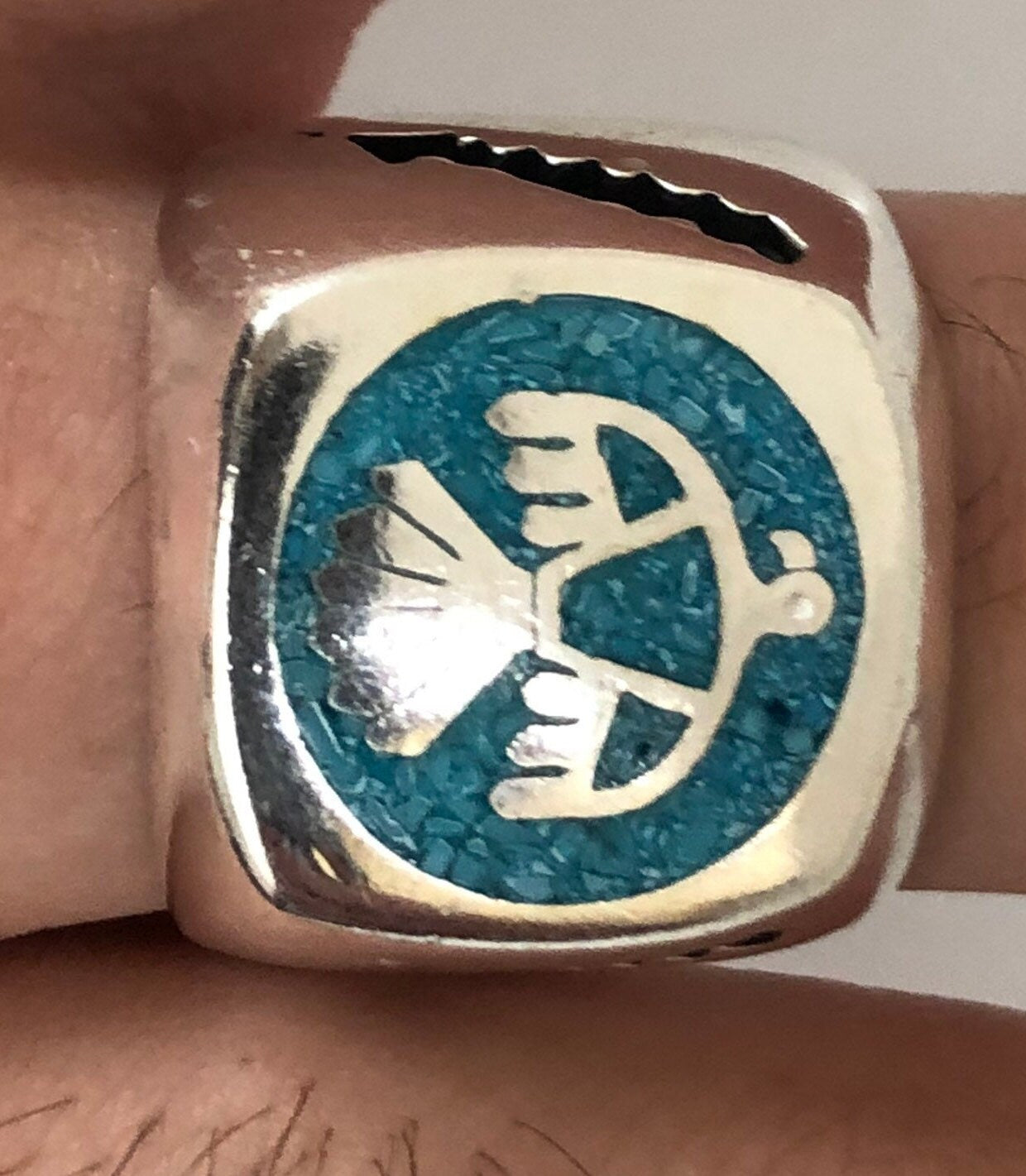 Vintage Thunderbird Ring Native American Style Southwestern Turquoise Stone Inlay Mens Ring