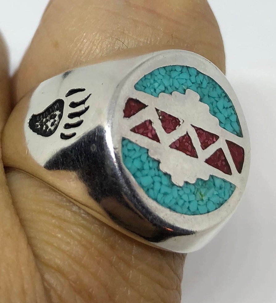 Vintage Native American Style Southwestern Turquoise Stone Inlay Mens Ring