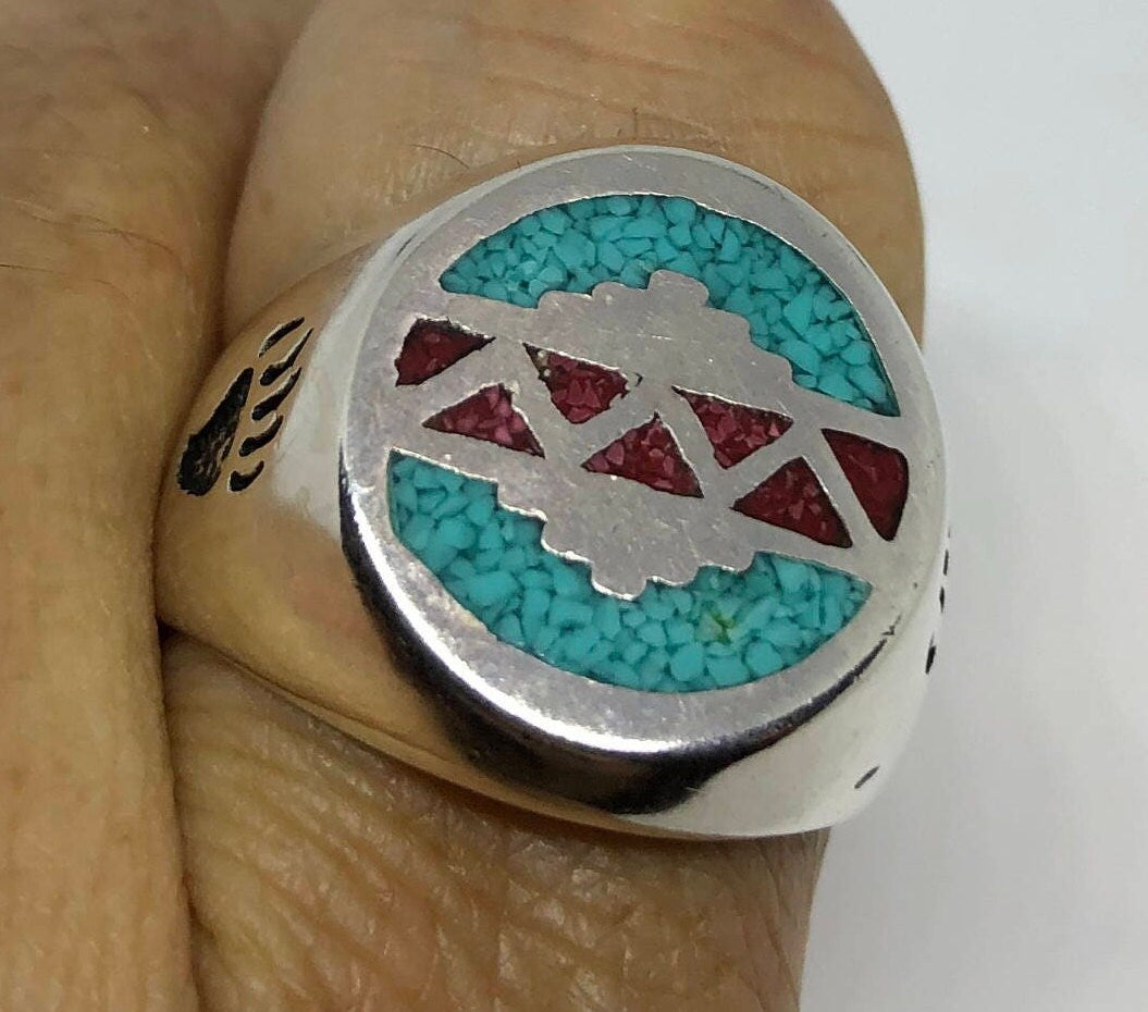 Vintage Native American Style Southwestern Turquoise Stone Inlay Mens Ring