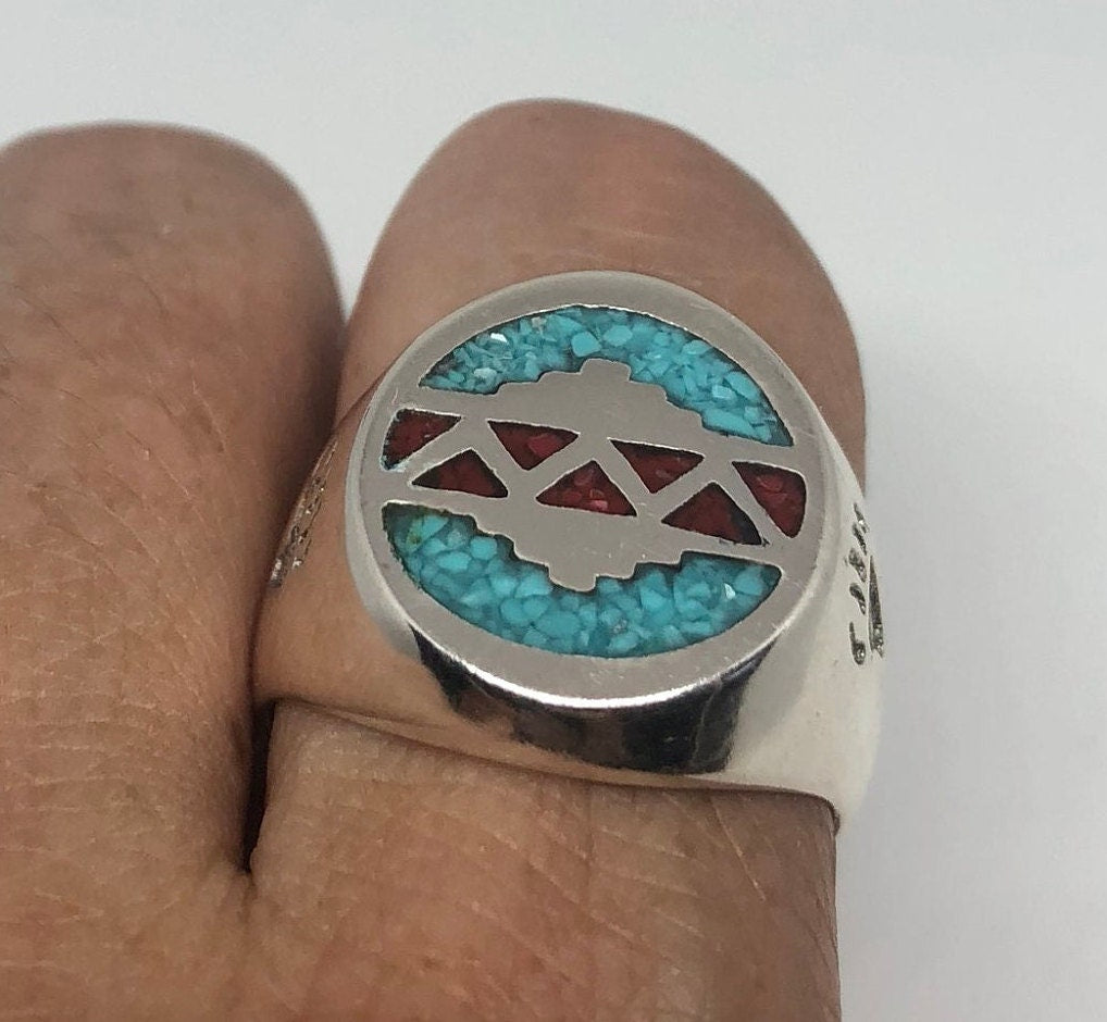 Vintage Native American Style Southwestern Turquoise Stone Inlay Mens Ring