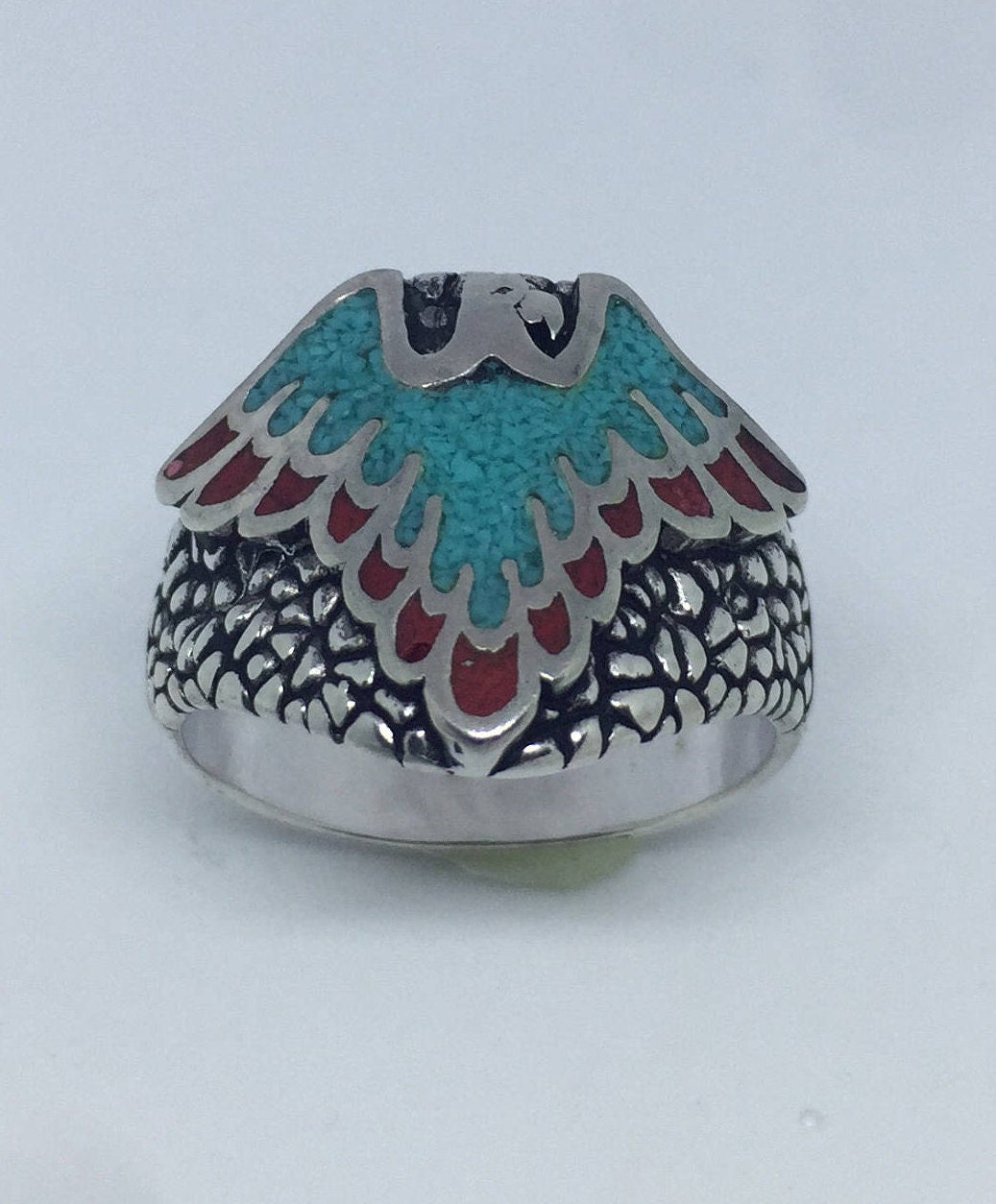 Vintage Native American Style Southwestern Turquoise Stone Inlay Men's Hawk Ring