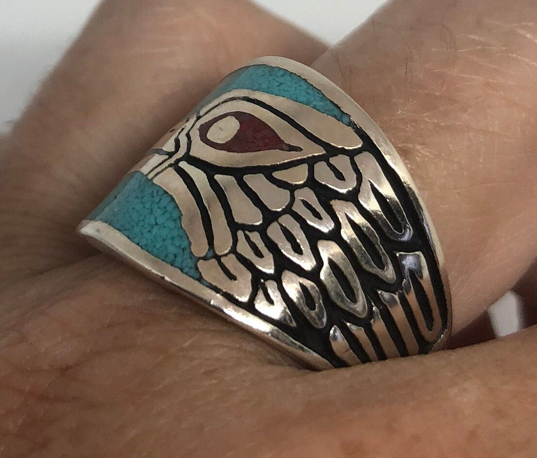Vintage Native American Style Southwestern Turquoise Stone Inlay Mens Hawk Ring