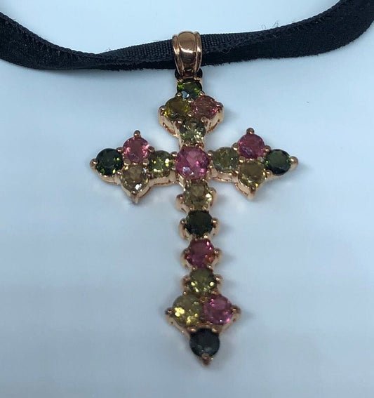 Vintage 925 Sterling Silver Mixed Color Tourmaline Cross Pendant
